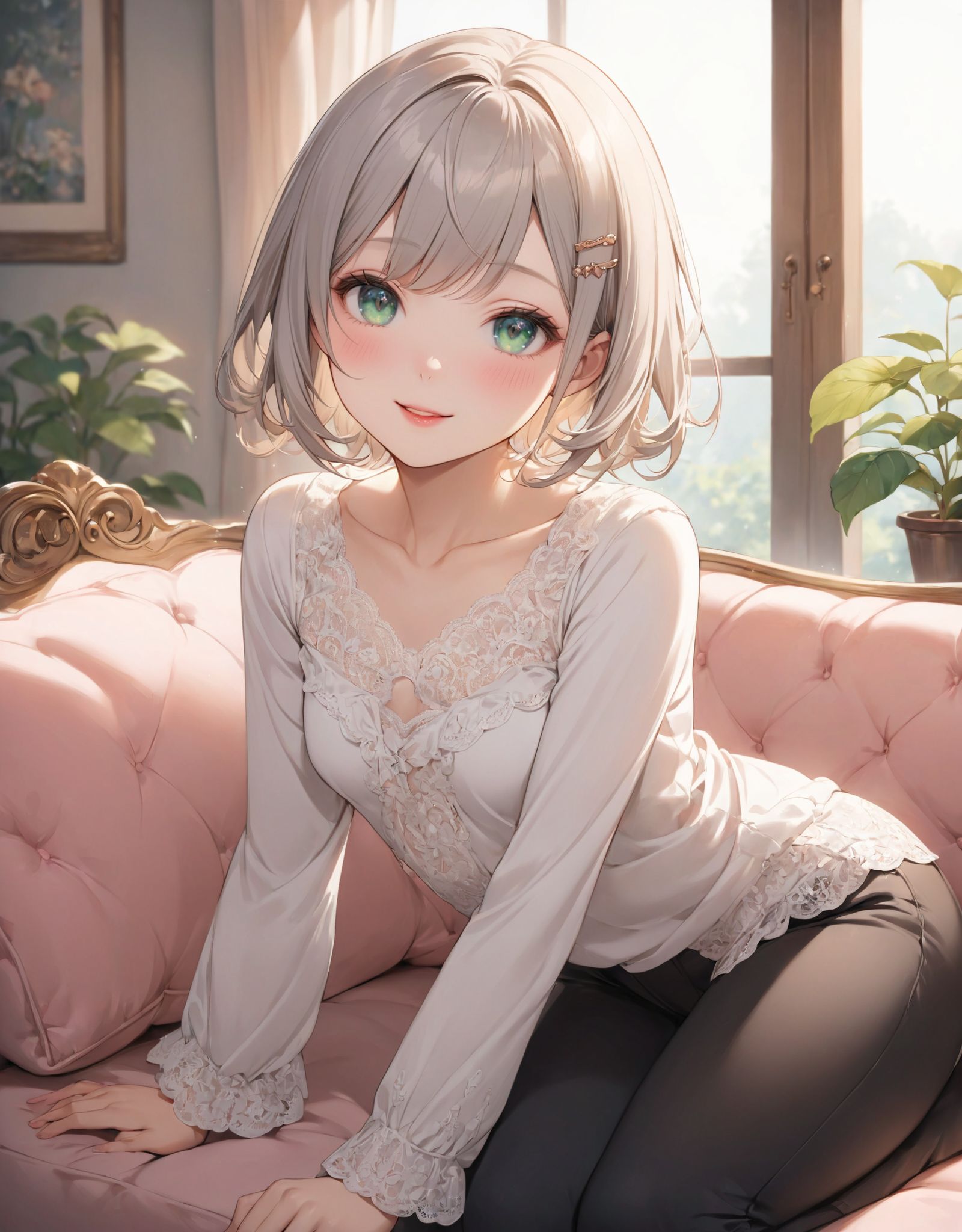 1girl, 

indoors, leaning forward, pink lips, long sleeves, window, brown hair, coffee mug, solo, mug, swept bangs, holding cup, on couch, black pants, shirt, couch, smile, small breasts, hairclip, short hair with long locks, holding, pant, brown eyes, :d, open mouth, cup, white shirt, sitting, steam, breasts, hair ornament, collarbone, looking at viewer, blush, sidelocks, coffee

A youthful and elegant 16-year-old girl named Ellis, with a charming combination of innocence and refined allure. She has silver hair styled in a short, delicate cut that flows naturally, and radiant deep blue-green eyes full of purity and curiosity. Her soft smile and gentle expressions embody a sense of shyness and warmth. Ellis exudes an ideal mix of natural kawaii charm and elegance, perfect for a fantasy-inspired, fairy-tale world.

She is always presented with a clear focus on her captivating facial features and delicate hair texture, emphasized by soft, natural lighting and a shallow depth of field. Her wardrobe blends elements of Lolita fashion with elegant and girlish designs, featuring delicate lace, pastel colors, and subtle floral patterns that complement her ethereal presence.

The background often features bright, enchanting environments such as cozy, softly lit rooms or idyllic gardens, adding to the fantasy atmosphere. Every shot captures her beauty and individuality with professional-quality detail, highlighting her vivid colors, graceful poses, and serene demeanor.