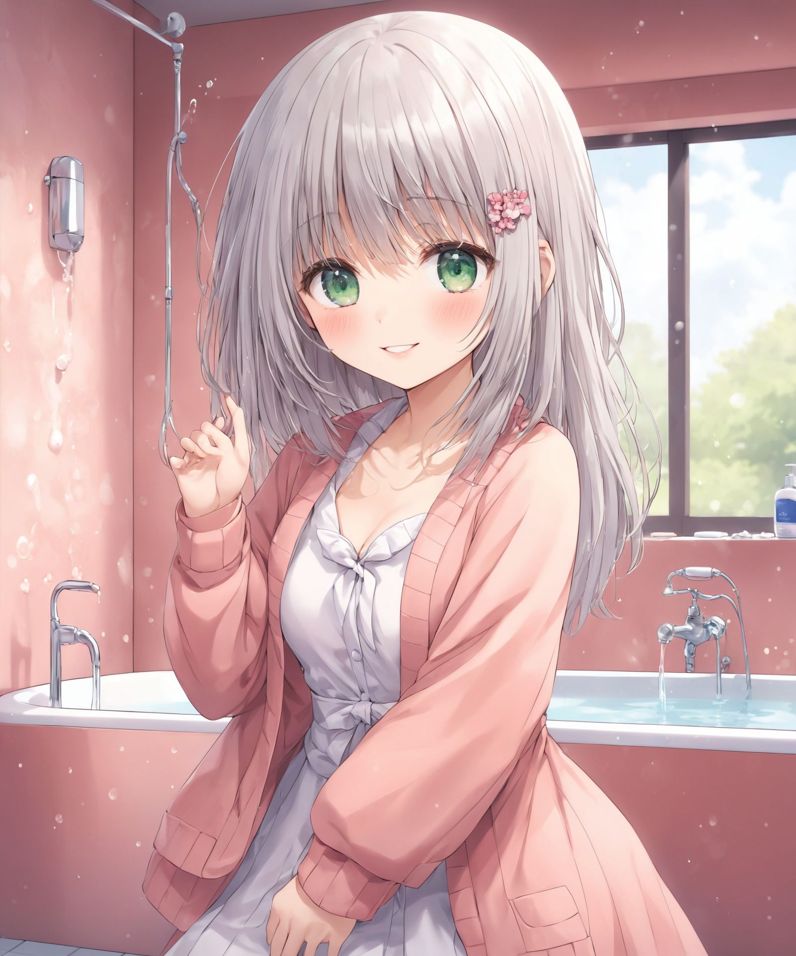 (Situation:She is drying her hair with a towel (in a luxurious, fantastic bathroom:1.8):1.2),(High-resolution, ultra-detailed 4K visuals:1.5),
(cowboy shot:1.3),
(Her skin is slightly flushed after taking a bath),
(Her skin is slightly flushed after taking a bath:1.2),
(Be modest about showing your bare skin, A simple bathrobe gives a sense of cleanliness:1.3),
BLAKE
(teeth, pov, cleavage, smile, hand on own chest, wet, solo focus, large breasts, looking at viewer, brown hair, (towel), pink background, steaming body, holding another's wrist, bare shoulders, (towel around neck), speech bubble, naked robe, pink lips, eyelashe, open mouth, blush, heartbeat, spoken heart, breasts, bathrobe, hand up, collarbone, upper body, swept bangs, medium hair, pov hands, wet hair, purple eyes
:1.1),

(A youthful and elegant 16-year-old girl named Ellis, with a charming combination of innocence and refined allure, (She has silver hair styled in a short:1.4), delicate cut that flows naturally, and radiant deep blue-green eyes full of purity and curiosity. Her soft smile and gentle expressions embody a sense of shyness and warmth. Ellis exudes an ideal mix of natural kawaii charm and elegance, perfect for a fantasy-inspired, fairy-tale world:1.9),

(She is always presented with a clear focus on her captivating facial features and delicate hair texture, emphasized by soft, natural lighting and a shallow depth of field. Her wardrobe blends elements of Lolita fashion with elegant and girlish designs, featuring delicate lace, pastel colors, and subtle floral patterns that complement her ethereal presence:1.6),

The background often features bright, enchanting environments such as cozy, softly lit rooms or idyllic gardens, adding to the fantasy atmosphere. Every shot captures her beauty and individuality with professional-quality detail, highlighting her vivid colors, graceful poses, and serene demeanor.

(High-resolution, ultra-detailed 4K visuals:1.5),
Shallow depth of field with a 50mm f/1.2 lens effect,
(Soft natural light with a warm tone to enhance her youthful features:1.3),
A focus on lifelike textures in her clothing, hair, and environment.