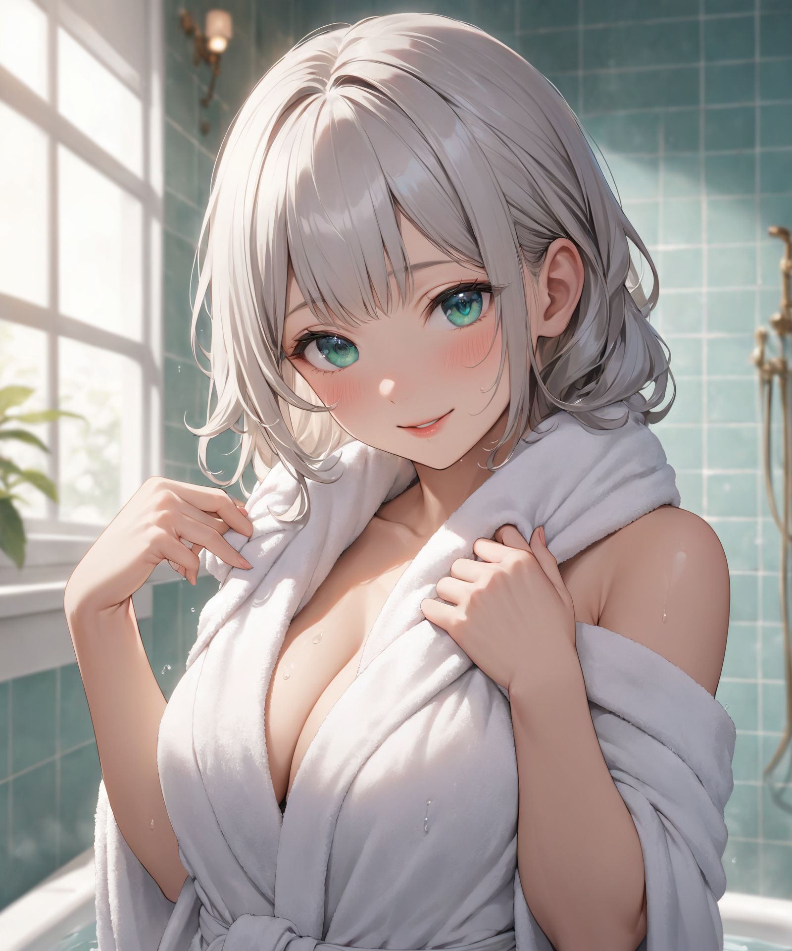 (Situation:She is drying her hair with a towel (in a luxurious, fantastic bathroom:1.8):1.2),(High-resolution, ultra-detailed 4K visuals:1.5),
(cowboy shot:1.3),
(Her skin is slightly flushed after taking a bath),
(Her skin is slightly flushed after taking a bath:1.2),
(Be modest about showing your bare skin, A simple bathrobe gives a sense of cleanliness:1.3),
BLAKE
(teeth, pov, cleavage, smile, hand on own chest, wet, solo focus, large breasts, looking at viewer, brown hair, (towel), pink background, steaming body, holding another's wrist, bare shoulders, (towel around neck), speech bubble, naked robe, pink lips, eyelashe, open mouth, blush, heartbeat, spoken heart, breasts, bathrobe, hand up, collarbone, upper body, swept bangs, medium hair, pov hands, wet hair, purple eyes
:1.1),

(A youthful and elegant 16-year-old girl named Ellis, with a charming combination of innocence and refined allure, (She has silver hair styled in a short:1.4), delicate cut that flows naturally, and radiant deep blue-green eyes full of purity and curiosity. Her soft smile and gentle expressions embody a sense of shyness and warmth. Ellis exudes an ideal mix of natural kawaii charm and elegance, perfect for a fantasy-inspired, fairy-tale world:1.9),

(She is always presented with a clear focus on her captivating facial features and delicate hair texture, emphasized by soft, natural lighting and a shallow depth of field. Her wardrobe blends elements of Lolita fashion with elegant and girlish designs, featuring delicate lace, pastel colors, and subtle floral patterns that complement her ethereal presence:1.6),

The background often features bright, enchanting environments such as cozy, softly lit rooms or idyllic gardens, adding to the fantasy atmosphere. Every shot captures her beauty and individuality with professional-quality detail, highlighting her vivid colors, graceful poses, and serene demeanor.

(High-resolution, ultra-detailed 4K visuals:1.5),
Shallow depth of field with a 50mm f/1.2 lens effect,
(Soft natural light with a warm tone to enhance her youthful features:1.3),
A focus on lifelike textures in her clothing, hair, and environment.