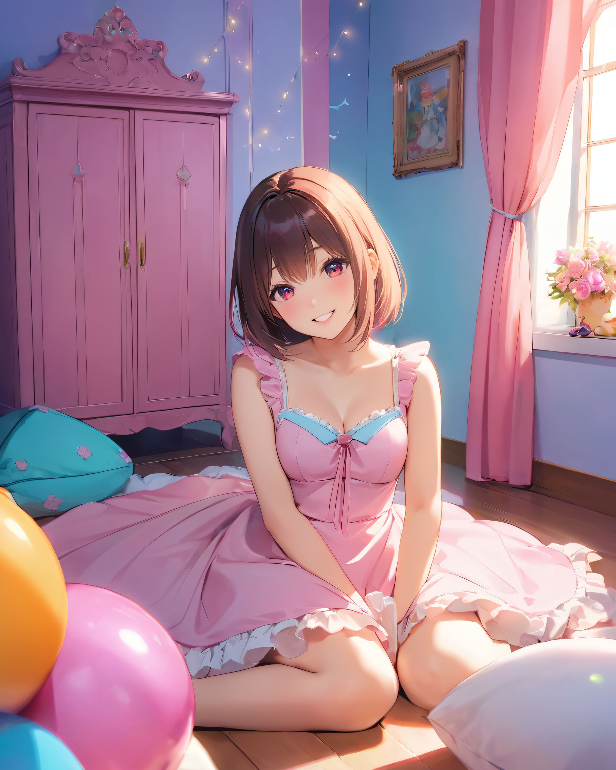 A girl, (She is wearing her favourite costume:2.0), dynamic angle, slightly rounded breasts, happiness, depth of field, bed, girl's room, (crossed legs:1.1), girl trying on underwear, and her breasts on her erotic body.
The room in the background is decorated in soft, (girlish colors. The room has been enchanted:1.8199999999999998), and a gentle light illuminates the many items in the room.
The girl is wearing a confident smile.
The whole screen is a scene where fantasy elements and her erotic-kawaii charm fuse together. This image captures a moment of pure joy and wonder as the girls enjoy their time in this magical setting. The overall atmosphere is one of playfulness and whimsy, highlighting the artist's skill in creating engaging and visually appealing digital art.