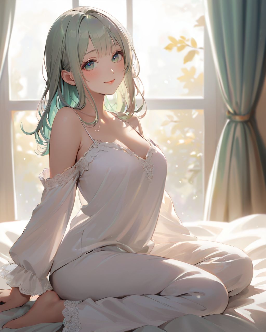 (A woman by a large window (with the curtains open, soaking up the morning sun). 
The loose pyjamas softly complement her silhouette, and her slightly disheveled hair gives her a natural appearance:1.8),

BLAKE

A youthful and elegant 16-year-old girl named Ellis, with a charming combination of innocence and refined allure. She has silver hair styled in a short, delicate cut that flows naturally, and radiant deep blue-green eyes full of purity and curiosity. Her soft smile and gentle expressions embody a sense of shyness and warmth. Ellis exudes an ideal mix of natural kawaii charm and elegance, perfect for a fantasy-inspired, fairy-tale world,large breasts,

joy,Giving air hugs,

She is always presented with a clear focus on her captivating facial features and delicate hair texture, emphasized by soft, natural lighting and a shallow depth of field,

seductively posing on all fours on a bed, looking up flirtatiously,

Her wardrobe blends elements of Lolita fashion with elegant and girlish designs, featuring delicate lace, pastel colors, and subtle floral patterns that complement her ethereal presence,
(Petrol sweetheart neckline,:1.4),
(raised topwear:1.2),

The background often features bright, enchanting environments such as cozy, softly lit rooms or idyllic gardens, adding to the fantasy atmosphere,

autumn

Every shot captures her beauty and individuality with professional-quality detail, highlighting her vivid colors, graceful poses, and serene demeanor,

High-resolution, ultra-detailed 4K visuals,
Shallow depth of field with a 50mm f/1.2 lens effect,
Soft natural light with a warm tone to enhance her youthful features,
A focus on lifelike textures in her clothing, hair, and environment,