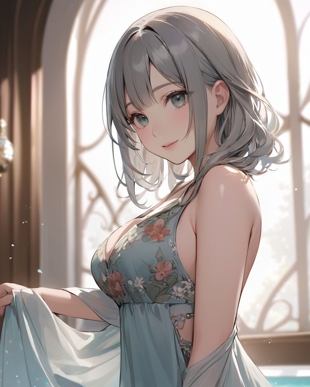 (A girl holding a curtain open by a large window and bathing in the morning sun: 1.9) , 
(The loose pyjamas softly complement the silhouette, and the slightly disheveled hair creates a natural look:1.8),

BLAKE

A youthful and elegant 16-year-old girl named Ellis, with a charming combination of innocence and refined allure. She has silver hair styled in a short, delicate cut that flows naturally, and radiant deep blue-green eyes full of purity and curiosity. Her soft smile and gentle expressions embody a sense of shyness and warmth. Ellis exudes an ideal mix of natural kawaii charm and elegance, perfect for a fantasy-inspired, fairy-tale world,large breasts,

joy,Swinging hips,

She is always presented with a clear focus on her captivating facial features and delicate hair texture, emphasized by soft, natural lighting and a shallow depth of field,



Her wardrobe blends elements of Lolita fashion with elegant and girlish designs, featuring delicate lace, pastel colors, and subtle floral patterns that complement her ethereal presence,
(Dark Steel Gray arm cutout,:1.4),
(pulled gently apart:1.2),
Transparent vinyl swimsuit with floral beadwork
The background often features bright, enchanting environments such as cozy, softly lit rooms or idyllic gardens, adding to the fantasy atmosphere,

spring

Every shot captures her beauty and individuality with professional-quality detail, highlighting her vivid colors, graceful poses, and serene demeanor,

High-resolution, ultra-detailed 4K visuals,
Shallow depth of field with a 50mm f/1.2 lens effect,
Soft natural light with a warm tone to enhance her youthful features,
A focus on lifelike textures in her clothing, hair, and environment,