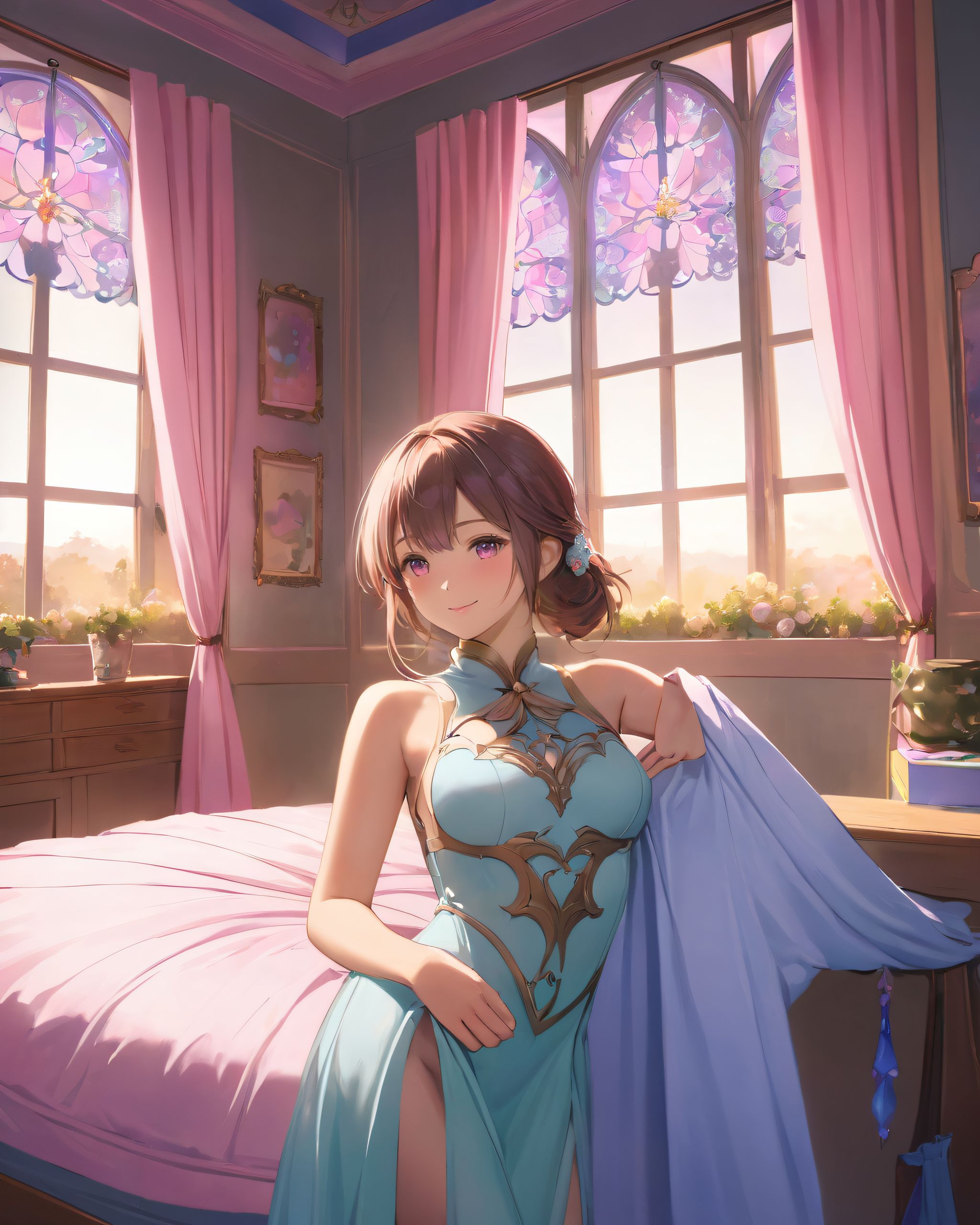 A girl, (She is wearing her favourite costume:2.0), dynamic angle, slightly rounded breasts, happiness, depth of field, bed, girl's room, (crossed legs:1.1), girl trying on underwear, and her breasts on her erotic body.
The room in the background is decorated in soft, (girlish colors. The room has been enchanted:1.8199999999999998), with the girl's presence adding a touch of warmth and comfort to the otherwise magical setting., and a gentle light illuminates the many items in the room.
The girl is wearing a confident smile.
The whole screen is a scene where fantasy elements and her erotic-kawaii charm fuse together. She appears to be in a state of peaceful repose. The overall atmosphere is one of calm and serenity, with the girl's presence adding a touch of magic to the scene.
overall, the image captures a moment of quiet interaction between the girl and her surroundings, blending elements of fantasy and reality in a visually appealing manner.