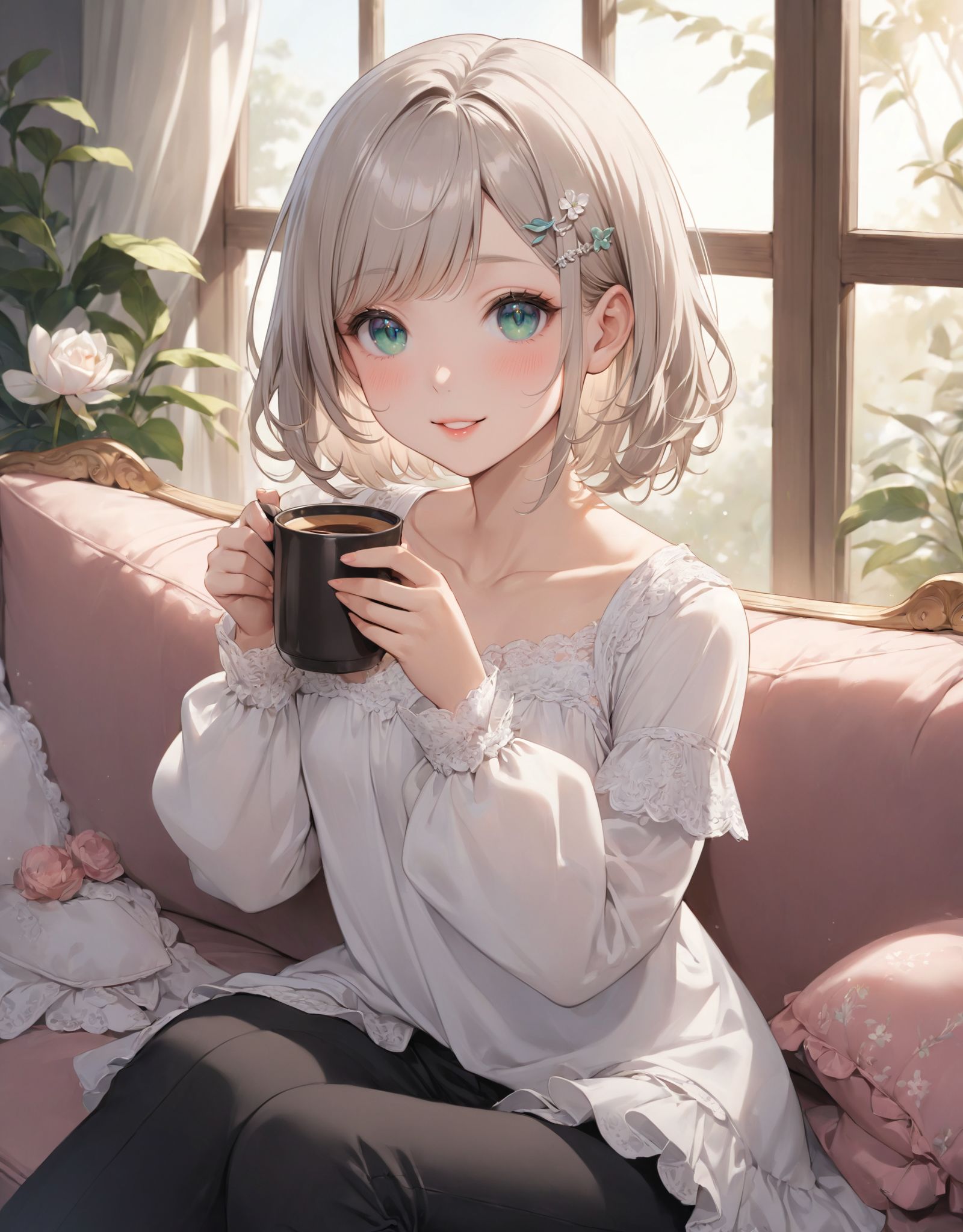 1girl, 

indoors, leaning forward, pink lips, long sleeves, window, brown hair, coffee mug, solo, mug, swept bangs, holding cup, on couch, black pants, shirt, couch, smile, small breasts, hairclip, short hair with long locks, holding, pant, brown eyes, :d, open mouth, cup, white shirt, sitting, steam, breasts, hair ornament, collarbone, looking at viewer, blush, sidelocks, coffee

A youthful and elegant 16-year-old girl named Ellis, with a charming combination of innocence and refined allure. She has silver hair styled in a short, delicate cut that flows naturally, and radiant deep blue-green eyes full of purity and curiosity. Her soft smile and gentle expressions embody a sense of shyness and warmth. Ellis exudes an ideal mix of natural kawaii charm and elegance, perfect for a fantasy-inspired, fairy-tale world.

She is always presented with a clear focus on her captivating facial features and delicate hair texture, emphasized by soft, natural lighting and a shallow depth of field. Her wardrobe blends elements of Lolita fashion with elegant and girlish designs, featuring delicate lace, pastel colors, and subtle floral patterns that complement her ethereal presence.

The background often features bright, enchanting environments such as cozy, softly lit rooms or idyllic gardens, adding to the fantasy atmosphere. Every shot captures her beauty and individuality with professional-quality detail, highlighting her vivid colors, graceful poses, and serene demeanor.