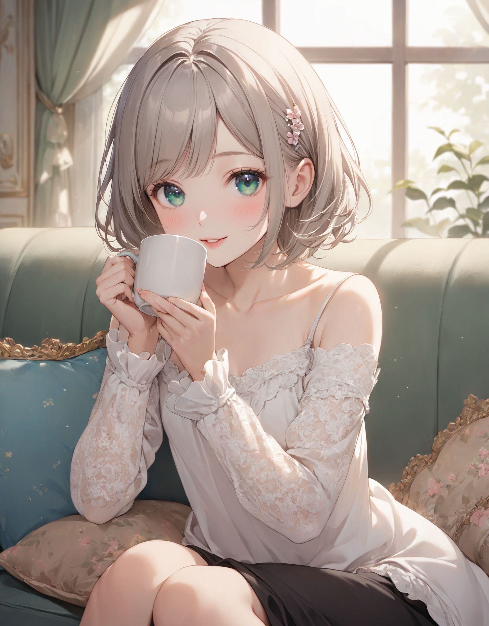 1girl, 

indoors, leaning forward, pink lips, long sleeves, window, brown hair, coffee mug, solo, mug, swept bangs, holding cup, on couch, black pants, shirt, couch, smile, small breasts, hairclip, short hair with long locks, holding, pant, brown eyes, :d, open mouth, cup, white shirt, sitting, steam, breasts, hair ornament, collarbone, looking at viewer, blush, sidelocks, coffee

A youthful and elegant 16-year-old girl named Ellis, with a charming combination of innocence and refined allure. She has silver hair styled in a short, delicate cut that flows naturally, and radiant deep blue-green eyes full of purity and curiosity. Her soft smile and gentle expressions embody a sense of shyness and warmth. Ellis exudes an ideal mix of natural kawaii charm and elegance, perfect for a fantasy-inspired, fairy-tale world.

She is always presented with a clear focus on her captivating facial features and delicate hair texture, emphasized by soft, natural lighting and a shallow depth of field. Her wardrobe blends elements of Lolita fashion with elegant and girlish designs, featuring delicate lace, pastel colors, and subtle floral patterns that complement her ethereal presence.

The background often features bright, enchanting environments such as cozy, softly lit rooms or idyllic gardens, adding to the fantasy atmosphere. Every shot captures her beauty and individuality with professional-quality detail, highlighting her vivid colors, graceful poses, and serene demeanor.