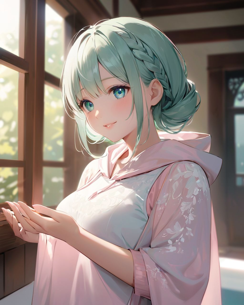 (A girl holding a curtain open by a large window and bathing in the morning sun: 1.9) , 
(The loose pyjamas softly complement the silhouette, and the slightly disheveled hair creates a natural look:1.8),

BLAKE

A youthful and elegant 16-year-old girl named Ellis, with a charming combination of innocence and refined allure. She has silver hair styled in a short, delicate cut that flows naturally, and radiant deep blue-green eyes full of purity and curiosity. Her soft smile and gentle expressions embody a sense of shyness and warmth. Ellis exudes an ideal mix of natural kawaii charm and elegance, perfect for a fantasy-inspired, fairy-tale world,large breasts,

joy,Clapping wholeheartedly,

She is always presented with a clear focus on her captivating facial features and delicate hair texture, emphasized by soft, natural lighting and a shallow depth of field,



Her wardrobe blends elements of Lolita fashion with elegant and girlish designs, featuring delicate lace, pastel colors, and subtle floral patterns that complement her ethereal presence,
(Chrome sleeveless hoodie,:1.4),
(clothing aside:1.2),
Tropical leaf print micro bikini with braided straps
The background often features bright, enchanting environments such as cozy, softly lit rooms or idyllic gardens, adding to the fantasy atmosphere,

hen house

Every shot captures her beauty and individuality with professional-quality detail, highlighting her vivid colors, graceful poses, and serene demeanor,

High-resolution, ultra-detailed 4K visuals,
Shallow depth of field with a 50mm f/1.2 lens effect,
Soft natural light with a warm tone to enhance her youthful features,
A focus on lifelike textures in her clothing, hair, and environment,