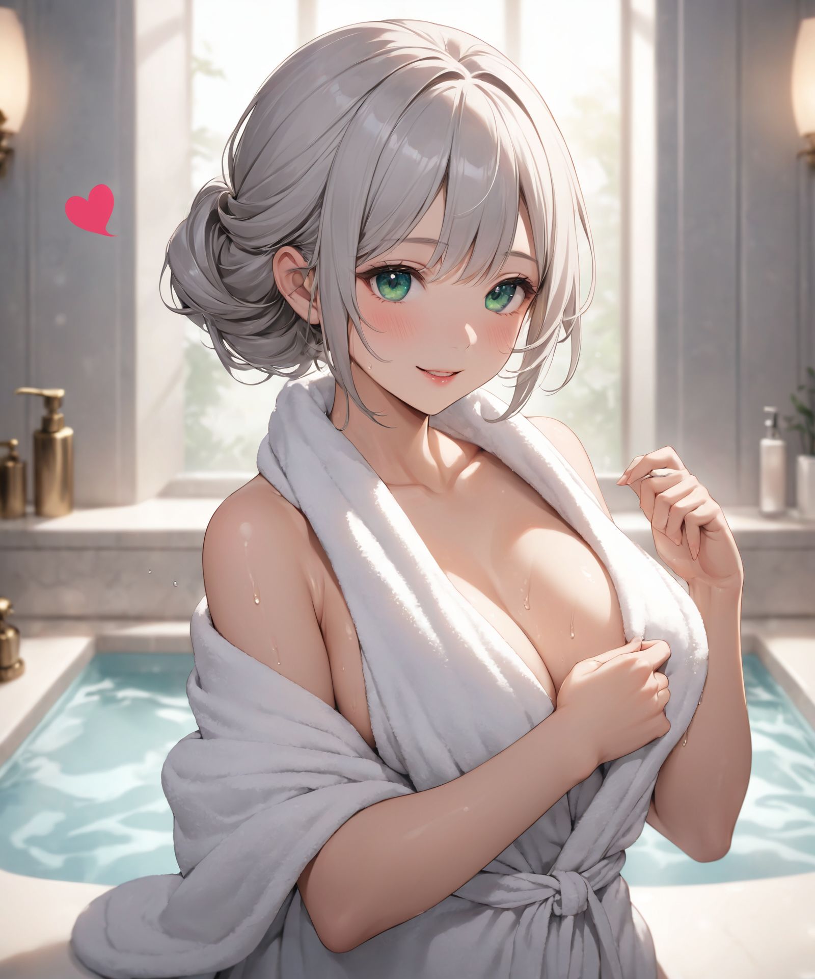 (Situation:She is drying her hair with a towel (in a luxurious, fantastic bathroom:1.8):1.2),(High-resolution, ultra-detailed 4K visuals:1.5),
cowboy shot,
(Her skin is slightly flushed after taking a bath),
(Her skin is slightly flushed after taking a bath:1.2),
(Be modest about showing your bare skin, A simple bathrobe gives a sense of cleanliness:1.3),
BLAKE
(teeth, pov, cleavage, smile, hand on own chest, wet, solo focus, large breasts, looking at viewer, brown hair, (towel), pink background, steaming body, holding another's wrist, bare shoulders, (towel around neck), speech bubble, naked robe, pink lips, eyelashe, open mouth, blush, heartbeat, spoken heart, breasts, bathrobe, hand up, collarbone, upper body, swept bangs, medium hair, pov hands, wet hair, purple eyes
:1.1),



(A youthful and elegant 16-year-old girl named Ellis, with a charming combination of innocence and refined allure, (She has silver hair styled in a short:1.4), delicate cut that flows naturally, and radiant deep blue-green eyes full of purity and curiosity. Her soft smile and gentle expressions embody a sense of shyness and warmth. Ellis exudes an ideal mix of natural kawaii charm and elegance, perfect for a fantasy-inspired, fairy-tale world:1.9),

(She is always presented with a clear focus on her captivating facial features and delicate hair texture, emphasized by soft, natural lighting and a shallow depth of field. Her wardrobe blends elements of Lolita fashion with elegant and girlish designs, featuring delicate lace, pastel colors, and subtle floral patterns that complement her ethereal presence:1.6),

The background often features bright, enchanting environments such as cozy, softly lit rooms or idyllic gardens, adding to the fantasy atmosphere. Every shot captures her beauty and individuality with professional-quality detail, highlighting her vivid colors, graceful poses, and serene demeanor.

(High-resolution, ultra-detailed 4K visuals:1.5),
Shallow depth of field with a 50mm f/1.2 lens effect,
(Soft natural light with a warm tone to enhance her youthful features:1.3),
A focus on lifelike textures in her clothing, hair, and environment.