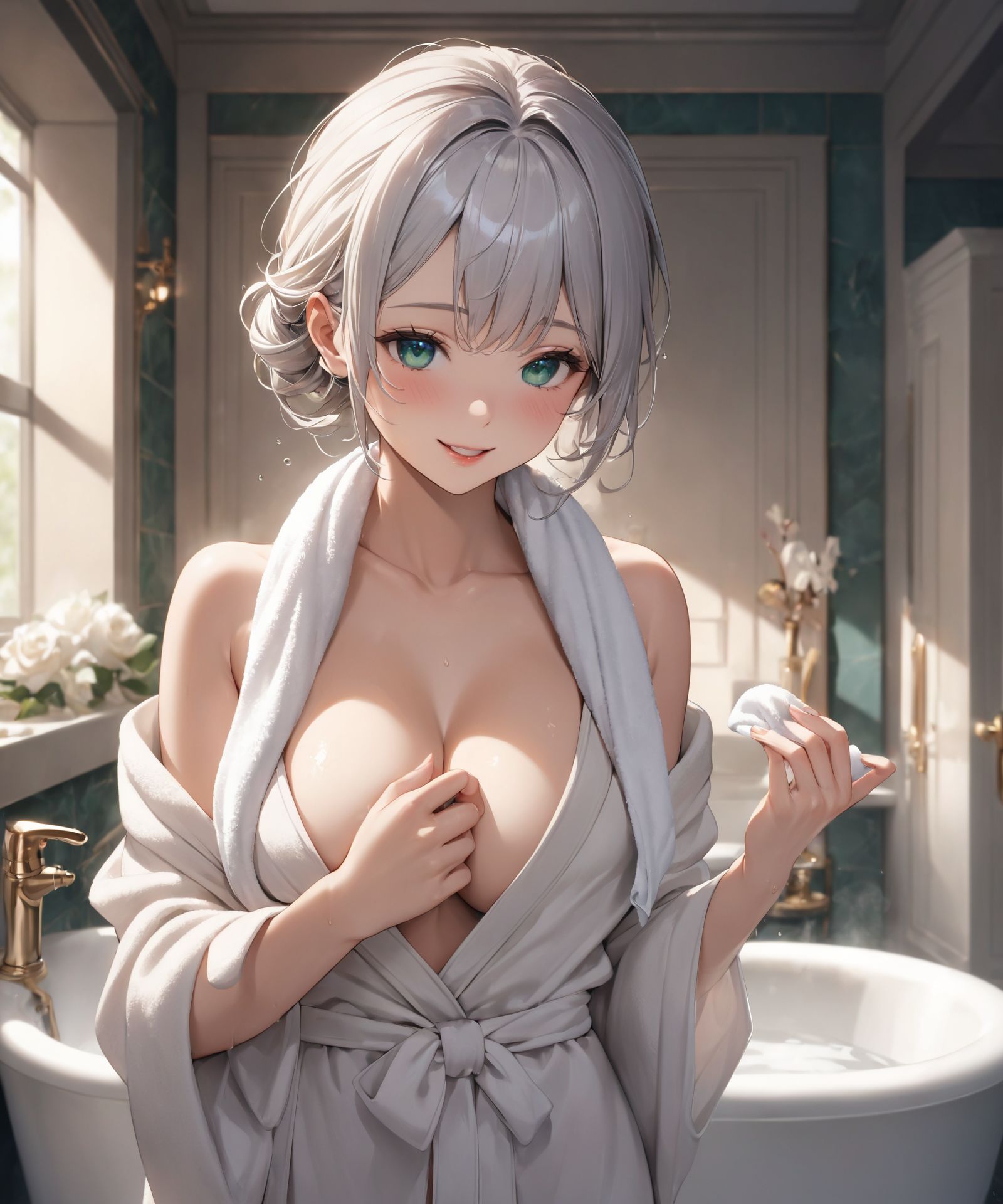 (Situation:She is drying her hair with a towel (in a luxurious, fantastic bathroom:1.8):1.2),(High-resolution, ultra-detailed 4K visuals:1.5),
cowboy shot,
(Her skin is slightly flushed after taking a bath),
(Her skin is slightly flushed after taking a bath:1.2),
(Be modest about showing your bare skin, A simple bathrobe gives a sense of cleanliness:1.3),
BLAKE
(teeth, pov, cleavage, smile, hand on own chest, wet, solo focus, large breasts, looking at viewer, brown hair, (towel), pink background, steaming body, holding another's wrist, bare shoulders, (towel around neck), speech bubble, naked robe, pink lips, eyelashe, open mouth, blush, heartbeat, spoken heart, breasts, bathrobe, hand up, collarbone, upper body, swept bangs, medium hair, pov hands, wet hair, purple eyes
:1.1),



(A youthful and elegant 16-year-old girl named Ellis, with a charming combination of innocence and refined allure, (She has silver hair styled in a short:1.4), delicate cut that flows naturally, and radiant deep blue-green eyes full of purity and curiosity. Her soft smile and gentle expressions embody a sense of shyness and warmth. Ellis exudes an ideal mix of natural kawaii charm and elegance, perfect for a fantasy-inspired, fairy-tale world:1.9),

(She is always presented with a clear focus on her captivating facial features and delicate hair texture, emphasized by soft, natural lighting and a shallow depth of field. Her wardrobe blends elements of Lolita fashion with elegant and girlish designs, featuring delicate lace, pastel colors, and subtle floral patterns that complement her ethereal presence:1.6),

The background often features bright, enchanting environments such as cozy, softly lit rooms or idyllic gardens, adding to the fantasy atmosphere. Every shot captures her beauty and individuality with professional-quality detail, highlighting her vivid colors, graceful poses, and serene demeanor.

(High-resolution, ultra-detailed 4K visuals:1.5),
Shallow depth of field with a 50mm f/1.2 lens effect,
(Soft natural light with a warm tone to enhance her youthful features:1.3),
A focus on lifelike textures in her clothing, hair, and environment.