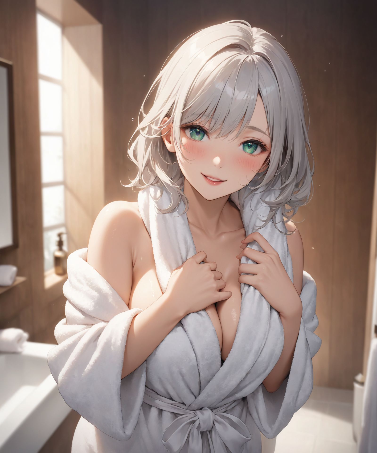 (Situation:She is drying her hair with a towel (in a luxurious, fantastic bathroom:1.8):1.2),(High-resolution, ultra-detailed 4K visuals:1.5),
(Her skin is slightly flushed after taking a bath),
(Her skin is slightly flushed after taking a bath:1.2),
(Be modest about showing your bare skin, A simple bathrobe gives a sense of cleanliness:1.3),
BLAKE
(teeth, pov, cleavage, smile, hand on own chest, wet, solo focus, large breasts, looking at viewer, brown hair, (towel), pink background, steaming body, holding another's wrist, bare shoulders, (towel around neck), speech bubble, naked robe, pink lips, eyelashe, open mouth, blush, heartbeat, spoken heart, breasts, bathrobe, hand up, collarbone, upper body, swept bangs, medium hair, pov hands, wet hair, purple eyes
:1.1),



(A youthful and elegant 16-year-old girl named Ellis, with a charming combination of innocence and refined allure, (She has silver hair styled in a short:1.4), delicate cut that flows naturally, and radiant deep blue-green eyes full of purity and curiosity. Her soft smile and gentle expressions embody a sense of shyness and warmth. Ellis exudes an ideal mix of natural kawaii charm and elegance, perfect for a fantasy-inspired, fairy-tale world:1.9),

(She is always presented with a clear focus on her captivating facial features and delicate hair texture, emphasized by soft, natural lighting and a shallow depth of field. Her wardrobe blends elements of Lolita fashion with elegant and girlish designs, featuring delicate lace, pastel colors, and subtle floral patterns that complement her ethereal presence:1.6),

The background often features bright, enchanting environments such as cozy, softly lit rooms or idyllic gardens, adding to the fantasy atmosphere. Every shot captures her beauty and individuality with professional-quality detail, highlighting her vivid colors, graceful poses, and serene demeanor.

(High-resolution, ultra-detailed 4K visuals:1.5),
Shallow depth of field with a 50mm f/1.2 lens effect,
(Soft natural light with a warm tone to enhance her youthful features:1.3),
A focus on lifelike textures in her clothing, hair, and environment.