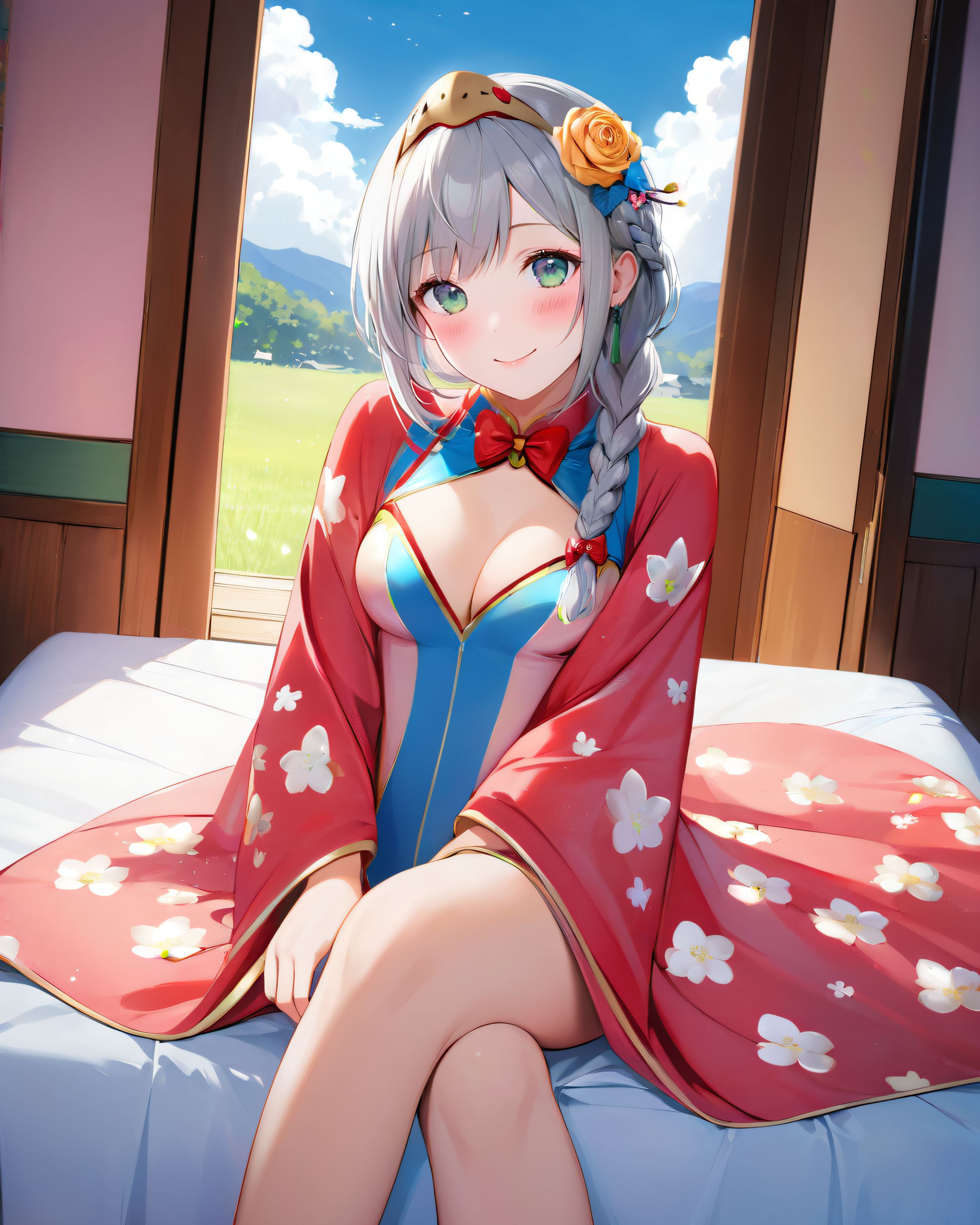 twin braids, solo, print kimono, floral print, open mouth, tree, smile, snowing, hair ornament, grey eyes, new year, white flower, cloudy sky, red kimono, :d, lantern, parted bangs, paper lantern, long hair, very long hair, rose, flower, standing, snowflakes, sky, outdoors, mountainous horizon, holding, wide sleeves, tassel, snake, kimono, blue sky, japanese clothes, white rose, headpiece, day, looking at viewer, hair flower, blush, braid, grey hair, red bow, bow, cloud, long sleeve, BLAKE

A girl, (She is wearing her favourite costume:2.0), dynamic angle, slightly rounded breasts, happiness, depth of field, bed, girl's room, (crossed legs:1.1), girl trying on underwear, and her breasts on her erotic body.
The room in the background is decorated in soft, (girlish colors. The room has been enchanted:1.8199999999999998), and a gentle light illuminates the many items in the room.
The girl is wearing a confident smile.
The whole screen is a scene where fantasy elements and her erotic-kawaii charm fuse together.

BLAKE, (brightly illuminates the front of her face:1.7), (kawaii face:1.3), ngentle smile, shy demeanour, (Idol smile with a innocence:1.3), (I put on my favourite some costume and it was photo time! The photo shoot was in the warm living room:1.8), (with a glittering someone in the background. My theme was ?cute but also a little mature costume play?:1.8), happiness room, (The room in the background is decorated in soft:1.8199999999999998), (and a gentle light illuminates the many items in the room:1.8199999999999998), (The girl is wearing a confident smile:1.56), (The whole screen is a scene where fantasy elements and her erotic-kawaii charm fuse together:2.21), BLAKE, (I put on my favourite costume and it was photo time! The photo shoot was in the warm living room:1.8), (with a majical glittering in the background. My theme was ?cute but also a little mature loli girl?:1.8), (High-resolution:1.6), (detailed graphics capture every detail:1.6), (from individual strands of hair to the intricate fabrics of her costume:1.7), (with professional-grade clarity and contrast bringing vibrant colors to life:1.8), BLAKE

A charming 16-year-old girl, displaying an innocent and youthful expression, She has a gentle smile and soft blushing cheeks, with a shy personality and attitude, Her face is incredibly kawaii like an idol, with her mouth lightly closed, smiling with the corners of her mouth turned up, and full pouty lips, (Her dark deep green eyes complement her stylish short silver hair with a delicate flow:1.1), (adorned with a silver hairpiece:1.1), Soft, ambient lighting accentuates the outfit?s details, creating a harmonious blend of traditional fantasy with modern stylistic choices, embodying a timeless yet contemporary, She can be depicted in various poses and settings, making eye contact or looking away, embodying childlike wonder or graceful elegance, The low angle accentuates her kawaii nature, highlighting the delicate textures of her hair and clothing, with natural light casting soft shadows and accentuating the youthful contours of her face, She is brought into sharp focus with a shallow depth of field from a 50mm f/1.2 lens, providing beautiful depth-of-field blur with her face in focus, with professional-grade clarity and contrast bringing vibrant colors to life.