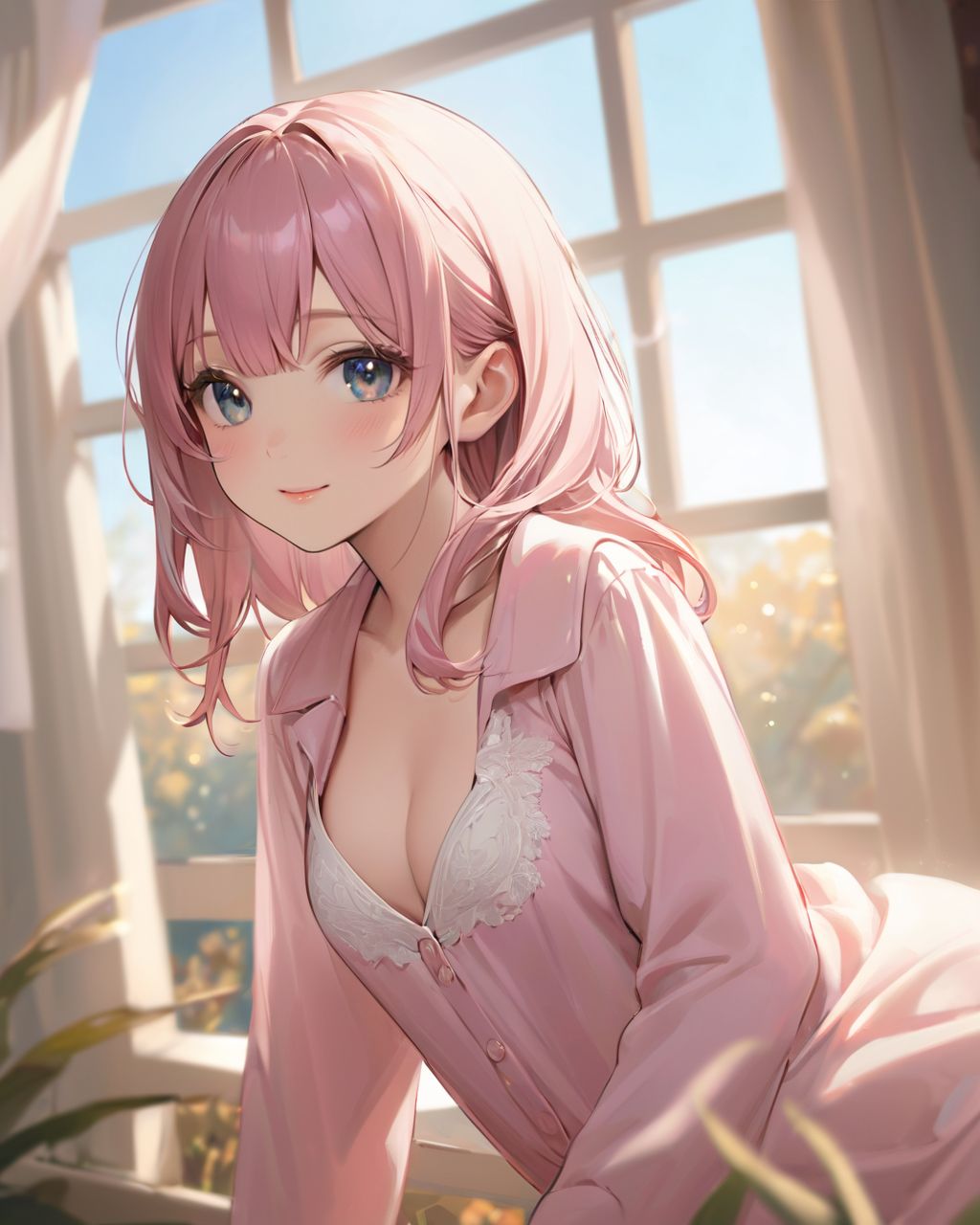 (A girl holding a curtain open by a large window and bathing in the morning sun: 1.9) , 
(The loose pyjamas softly complement the silhouette, and the slightly disheveled hair creates a natural look:1.8),

BLAKE

A youthful and elegant 16-year-old girl named Ellis, with a charming combination of innocence and refined allure. She has silver hair styled in a short, delicate cut that flows naturally, and radiant deep blue-green eyes full of purity and curiosity. Her soft smile and gentle expressions embody a sense of shyness and warmth. Ellis exudes an ideal mix of natural kawaii charm and elegance, perfect for a fantasy-inspired, fairy-tale world,large breasts,

joy,High-fiving,

She is always presented with a clear focus on her captivating facial features and delicate hair texture, emphasized by soft, natural lighting and a shallow depth of field,



Her wardrobe blends elements of Lolita fashion with elegant and girlish designs, featuring delicate lace, pastel colors, and subtle floral patterns that complement her ethereal presence,
(Knockout Pink open-collar shirt,:1.4),
(bottomwear down:1.2),
Halter neck swimsuit with geometric cutouts and pearl accents
The background often features bright, enchanting environments such as cozy, softly lit rooms or idyllic gardens, adding to the fantasy atmosphere,

field of wheat

Every shot captures her beauty and individuality with professional-quality detail, highlighting her vivid colors, graceful poses, and serene demeanor,

High-resolution, ultra-detailed 4K visuals,
Shallow depth of field with a 50mm f/1.2 lens effect,
Soft natural light with a warm tone to enhance her youthful features,
A focus on lifelike textures in her clothing, hair, and environment,