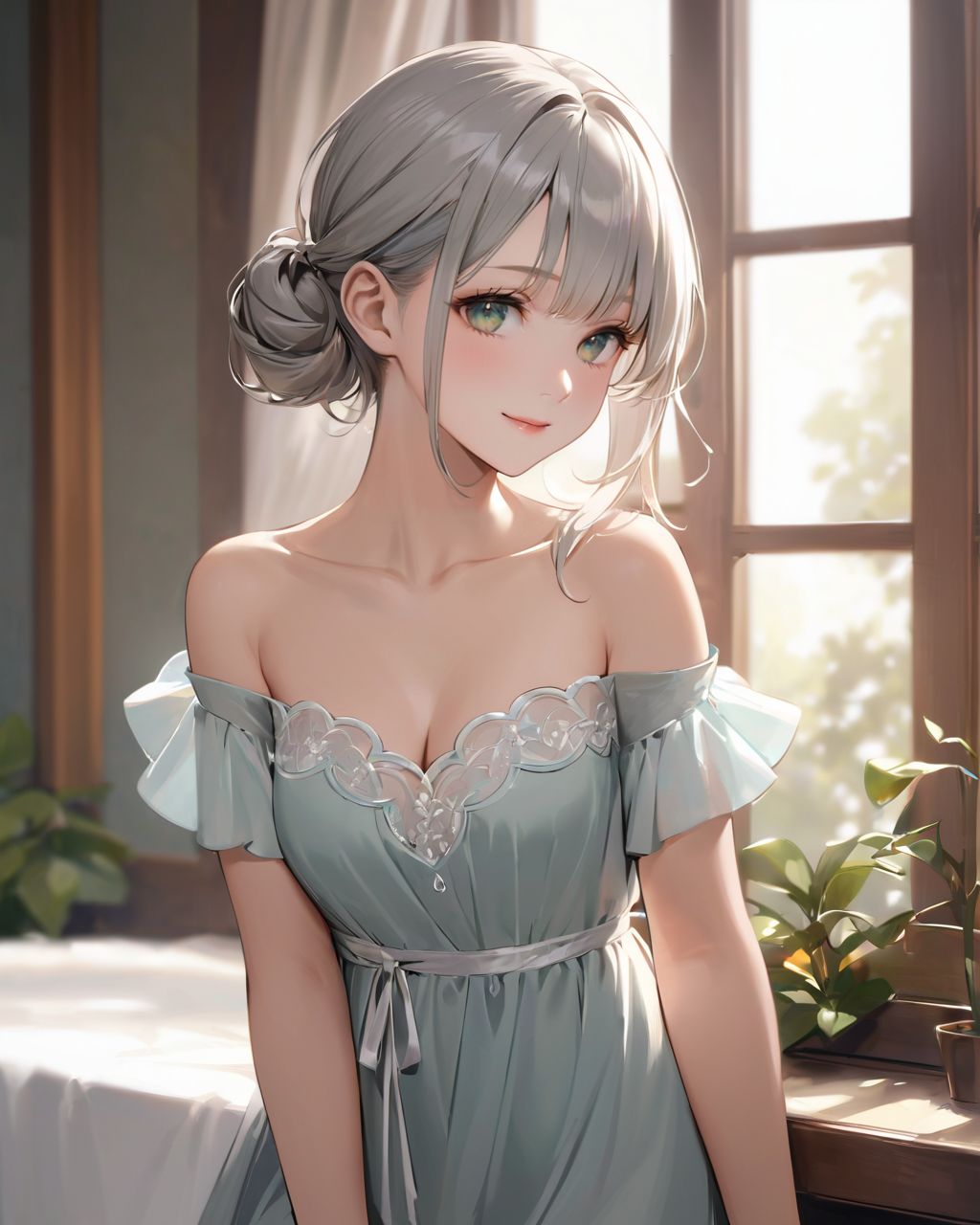 (A girl bathing in the morning sun with the curtains open by a large window: 1.9) , 
(The loose pyjamas softly complement the silhouette, and the slightly disheveled hair creates a natural look:1.8),

BLAKE

A youthful and elegant 16-year-old girl named Ellis, with a charming combination of innocence and refined allure. She has silver hair styled in a short, delicate cut that flows naturally, and radiant deep blue-green eyes full of purity and curiosity. Her soft smile and gentle expressions embody a sense of shyness and warmth. Ellis exudes an ideal mix of natural kawaii charm and elegance, perfect for a fantasy-inspired, fairy-tale world,large breasts,

joy,Leaping for joy,

She is always presented with a clear focus on her captivating facial features and delicate hair texture, emphasized by soft, natural lighting and a shallow depth of field,



Her wardrobe blends elements of Lolita fashion with elegant and girlish designs, featuring delicate lace, pastel colors, and subtle floral patterns that complement her ethereal presence,
(Sage Gray layered slit dress,:1.4),
(exposing slightly:1.2),
Ivory shimmer swimsuit with elegant lace overlays
The background often features bright, enchanting environments such as cozy, softly lit rooms or idyllic gardens, adding to the fantasy atmosphere,

capitol building

Every shot captures her beauty and individuality with professional-quality detail, highlighting her vivid colors, graceful poses, and serene demeanor,

High-resolution, ultra-detailed 4K visuals,
Shallow depth of field with a 50mm f/1.2 lens effect,
Soft natural light with a warm tone to enhance her youthful features,
A focus on lifelike textures in her clothing, hair, and environment,