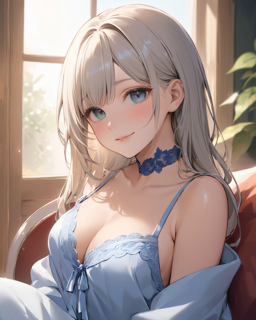 (A woman by a large window (with the curtains open, soaking up the morning sun). 
The loose pyjamas softly complement her silhouette, and her slightly disheveled hair gives her a natural appearance:1.8),

BLAKE

A youthful and elegant 16-year-old girl named Ellis, with a charming combination of innocence and refined allure. She has silver hair styled in a short, delicate cut that flows naturally, and radiant deep blue-green eyes full of purity and curiosity. Her soft smile and gentle expressions embody a sense of shyness and warmth. Ellis exudes an ideal mix of natural kawaii charm and elegance, perfect for a fantasy-inspired, fairy-tale world,large breasts,

joy,High-fiving,

She is always presented with a clear focus on her captivating facial features and delicate hair texture, emphasized by soft, natural lighting and a shallow depth of field,

Sitting with Knees Up on sofa at living, spread legs,

Her wardrobe blends elements of Lolita fashion with elegant and girlish designs, featuring delicate lace, pastel colors, and subtle floral patterns that complement her ethereal presence,
(Royal Blue lace choker,:1.4),
(revealing shoulder:1.2),

The background often features bright, enchanting environments such as cozy, softly lit rooms or idyllic gardens, adding to the fantasy atmosphere,

office

Every shot captures her beauty and individuality with professional-quality detail, highlighting her vivid colors, graceful poses, and serene demeanor,

High-resolution, ultra-detailed 4K visuals,
Shallow depth of field with a 50mm f/1.2 lens effect,
Soft natural light with a warm tone to enhance her youthful features,
A focus on lifelike textures in her clothing, hair, and environment,