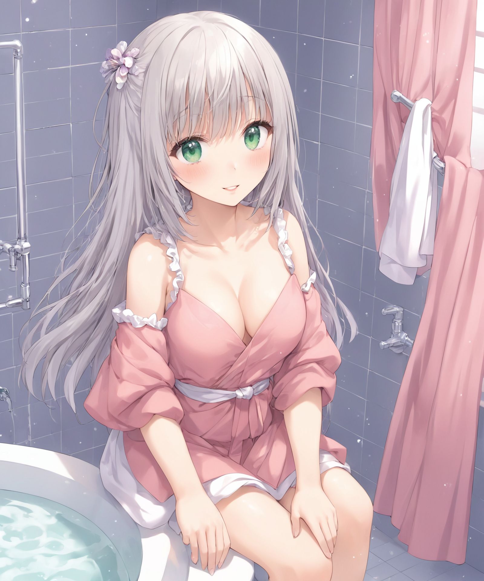 (Situation:She is drying her hair with a towel (in a luxurious, fantastic bathroom:1.8):1.2),(High-resolution, ultra-detailed 4K visuals:1.5),
(cowboy shot:1.3),
(Her skin is slightly flushed after taking a bath),
(Her skin is slightly flushed after taking a bath:1.2),
(Be modest about showing your bare skin, A simple bathrobe gives a sense of cleanliness:1.3),
BLAKE
(teeth, pov, cleavage, smile, hand on own chest, wet, solo focus, large breasts, looking at viewer, brown hair, (towel), pink background, steaming body, holding another's wrist, bare shoulders, (towel around neck), speech bubble, naked robe, pink lips, eyelashe, open mouth, blush, heartbeat, spoken heart, breasts, bathrobe, hand up, collarbone, upper body, swept bangs, medium hair, pov hands, wet hair, purple eyes
:1.1),

(A youthful and elegant 16-year-old girl named Ellis, with a charming combination of innocence and refined allure, (She has silver hair styled in a short:1.4), delicate cut that flows naturally, and radiant deep blue-green eyes full of purity and curiosity. Her soft smile and gentle expressions embody a sense of shyness and warmth. Ellis exudes an ideal mix of natural kawaii charm and elegance, perfect for a fantasy-inspired, fairy-tale world:1.9),

(She is always presented with a clear focus on her captivating facial features and delicate hair texture, emphasized by soft, natural lighting and a shallow depth of field. Her wardrobe blends elements of Lolita fashion with elegant and girlish designs, featuring delicate lace, pastel colors, and subtle floral patterns that complement her ethereal presence:1.6),

The background often features bright, enchanting environments such as cozy, softly lit rooms or idyllic gardens, adding to the fantasy atmosphere. Every shot captures her beauty and individuality with professional-quality detail, highlighting her vivid colors, graceful poses, and serene demeanor.

(High-resolution, ultra-detailed 4K visuals:1.5),
Shallow depth of field with a 50mm f/1.2 lens effect,
(Soft natural light with a warm tone to enhance her youthful features:1.3),
A focus on lifelike textures in her clothing, hair, and environment.