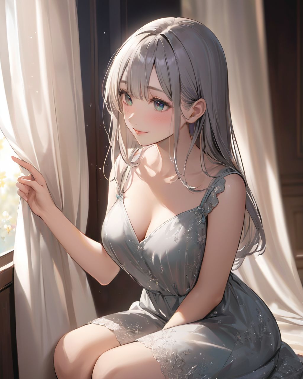 ((A woman by a large window, (she is the curtains open:1.9), soaking up the morning sun). 
The loose pyjamas softly complement her silhouette, and her slightly disheveled hair gives her a natural appearance:1.5),

BLAKE

A youthful and elegant 16-year-old girl named Ellis, with a charming combination of innocence and refined allure. She has silver hair styled in a short, delicate cut that flows naturally, and radiant deep blue-green eyes full of purity and curiosity. Her soft smile and gentle expressions embody a sense of shyness and warmth. Ellis exudes an ideal mix of natural kawaii charm and elegance, perfect for a fantasy-inspired, fairy-tale world,large breasts,

joy,Slapping hands together,

She is always presented with a clear focus on her captivating facial features and delicate hair texture, emphasized by soft, natural lighting and a shallow depth of field,

(leaning forward:1.3), (hands on knees:1.3),

Her wardrobe blends elements of Lolita fashion with elegant and girlish designs, featuring delicate lace, pastel colors, and subtle floral patterns that complement her ethereal presence,
(Metallic Gray deep back cutout dress,:1.4),
(halfway removed:1.2),

The background often features bright, enchanting environments such as cozy, softly lit rooms or idyllic gardens, adding to the fantasy atmosphere,

alleyway

Every shot captures her beauty and individuality with professional-quality detail, highlighting her vivid colors, graceful poses, and serene demeanor,

High-resolution, ultra-detailed 4K visuals,
Shallow depth of field with a 50mm f/1.2 lens effect,
Soft natural light with a warm tone to enhance her youthful features,
A focus on lifelike textures in her clothing, hair, and environment,