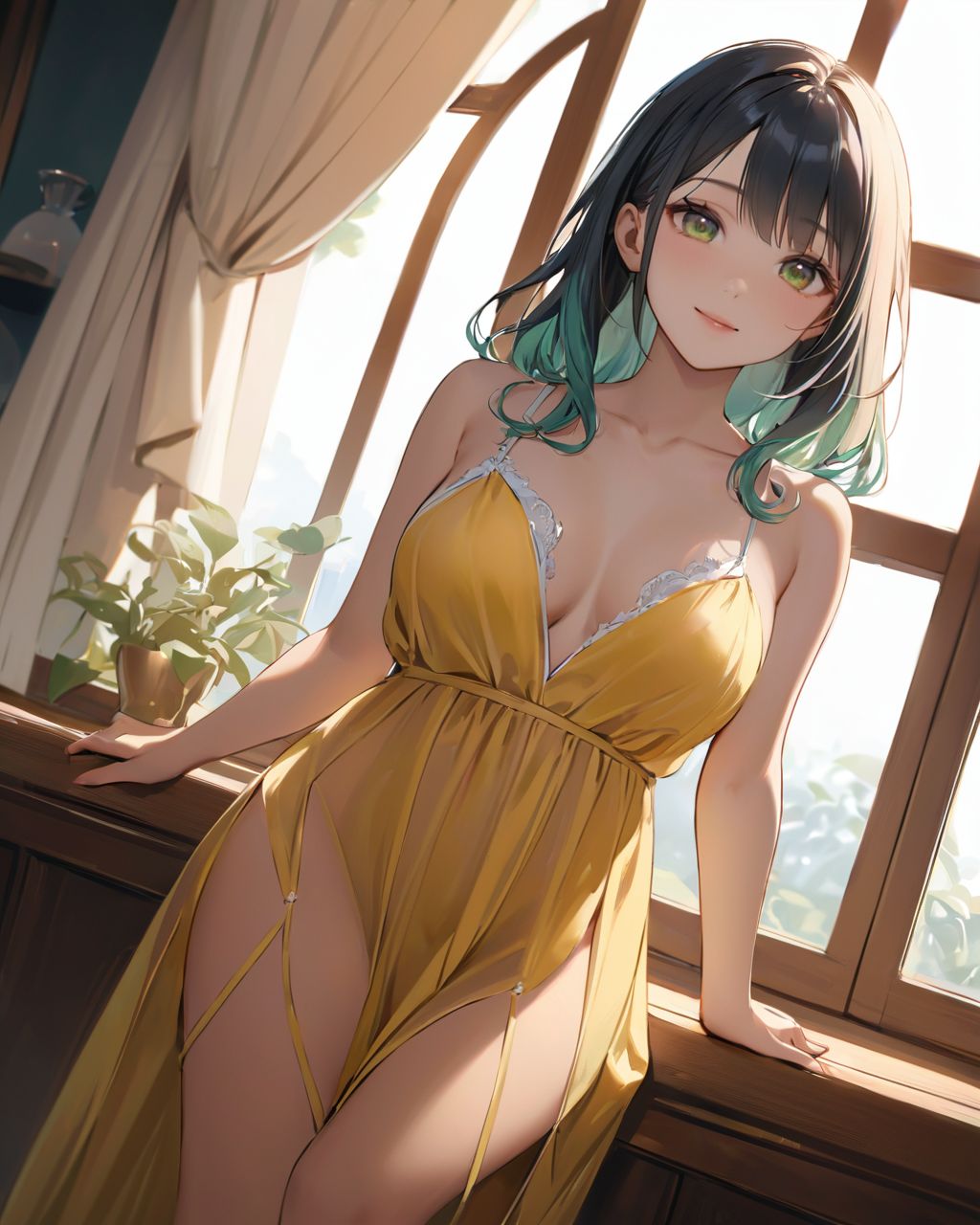 (A girl holding a curtain open by a large window and bathing in the morning sun: 1.9) , 
(The loose pyjamas softly complement the silhouette, and the slightly disheveled hair creates a natural look:1.8),

BLAKE

A youthful and elegant 16-year-old girl named Ellis, with a charming combination of innocence and refined allure. She has silver hair styled in a short, delicate cut that flows naturally, and radiant deep blue-green eyes full of purity and curiosity. Her soft smile and gentle expressions embody a sense of shyness and warmth. Ellis exudes an ideal mix of natural kawaii charm and elegance, perfect for a fantasy-inspired, fairy-tale world,large breasts,

joy,Humming a tune,

She is always presented with a clear focus on her captivating facial features and delicate hair texture, emphasized by soft, natural lighting and a shallow depth of field,



Her wardrobe blends elements of Lolita fashion with elegant and girlish designs, featuring delicate lace, pastel colors, and subtle floral patterns that complement her ethereal presence,
(School Bus yellow sheer maxi dress,:1.4),
(revealing shoulder:1.2),
Midnight black holographic micro bikini with floral lace details
The background often features bright, enchanting environments such as cozy, softly lit rooms or idyllic gardens, adding to the fantasy atmosphere,

moon

Every shot captures her beauty and individuality with professional-quality detail, highlighting her vivid colors, graceful poses, and serene demeanor,

High-resolution, ultra-detailed 4K visuals,
Shallow depth of field with a 50mm f/1.2 lens effect,
Soft natural light with a warm tone to enhance her youthful features,
A focus on lifelike textures in her clothing, hair, and environment,