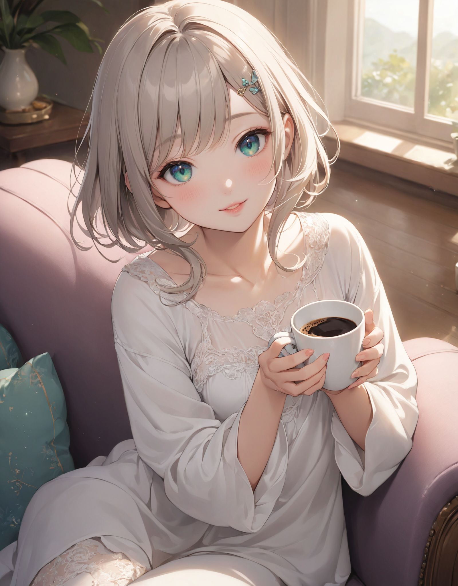 1girl, 

indoors, leaning forward, pink lips, long sleeves, window, brown hair, coffee mug, solo, mug, swept bangs, holding cup, on couch, black pants, shirt, couch, smile, small breasts, hairclip, short hair with long locks, holding, pant, brown eyes, :d, open mouth, cup, white shirt, sitting, steam, breasts, hair ornament, collarbone, looking at viewer, blush, sidelocks, coffee

A youthful and elegant 16-year-old girl named Ellis, with a charming combination of innocence and refined allure. She has silver hair styled in a short, delicate cut that flows naturally, and radiant deep blue-green eyes full of purity and curiosity. Her soft smile and gentle expressions embody a sense of shyness and warmth. Ellis exudes an ideal mix of natural kawaii charm and elegance, perfect for a fantasy-inspired, fairy-tale world.

She is always presented with a clear focus on her captivating facial features and delicate hair texture, emphasized by soft, natural lighting and a shallow depth of field. Her wardrobe blends elements of Lolita fashion with elegant and girlish designs, featuring delicate lace, pastel colors, and subtle floral patterns that complement her ethereal presence.

The background often features bright, enchanting environments such as cozy, softly lit rooms or idyllic gardens, adding to the fantasy atmosphere. Every shot captures her beauty and individuality with professional-quality detail, highlighting her vivid colors, graceful poses, and serene demeanor.