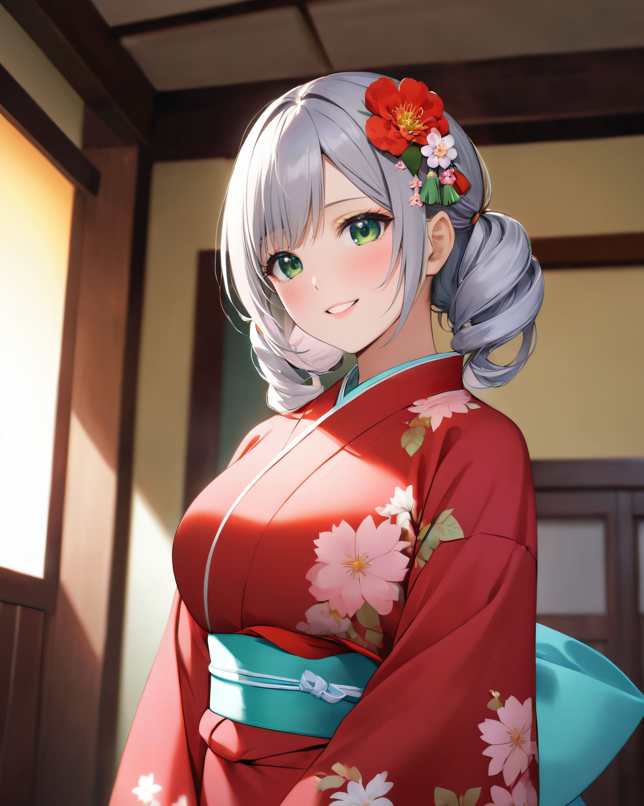 pigtails, one person, kimono, floral pattern, mouth open, smiling, hair ornament, gray eyes, New Year, white flowers, red kimono, :d, parted bangs, very long hair, holding, wide-sleeved, tassel decoration, snake, Japanese clothes, looking, red ribbon, ribbon, long-sleeved, (large breasts:1.3), A girl, (She is wearing her favourite costume:2.0), dynamic angle, slightly rounded breasts, happiness, depth of field, bed, girl's room, (crossed legs:1.1), girl trying on underwear, and her breasts on her erotic body.
The room in the background is decorated in soft, (girlish colors. The room has been enchanted:1.8199999999999998), and a gentle light illuminates the many items in the room.
The girl is wearing a confident smile.
The whole screen is a scene where fantasy elements and her erotic-kawaii charm fuse together.

BLAKE, (brightly illuminates the front of her face:1.7), (kawaii face:1.3), ngentle smile, shy demeanour, (Idol smile with a innocence:1.3), (I put on my favourite some costume and it was photo time! The photo shoot was in the warm living room:1.8), (with a glittering someone in the background. My theme was ?cute but also a little mature costume play?:1.8), happiness room, (The room in the background is decorated in soft:1.8199999999999998), (and a gentle light illuminates the many items in the room:1.8199999999999998), (The girl is wearing a confident smile:1.56), (The whole screen is a scene where fantasy elements and her erotic-kawaii charm fuse together:2.21), BLAKE, (I put on my favourite costume and it was photo time! The photo shoot was in the warm living room:1.8), (with a majical glittering in the background. My theme was ?cute but also a little mature loli girl?:1.8), (High-resolution:1.6), (detailed graphics capture every detail:1.6), (from individual strands of hair to the intricate fabrics of her costume:1.7), (with professional-grade clarity and contrast bringing vibrant colors to life:1.8), BLAKE

A charming 16-year-old girl, displaying an innocent and youthful expression, She has a gentle smile and soft blushing cheeks, with a shy personality and attitude, Her face is incredibly kawaii like an idol, with her mouth lightly closed, smiling with the corners of her mouth turned up, and full pouty lips, (Her dark deep green eyes complement her stylish short silver hair with a delicate flow:1.1), (adorned with a silver hairpiece:1.1), Soft, ambient lighting accentuates the outfit?s details, creating a harmonious blend of traditional fantasy with modern stylistic choices, embodying a timeless yet contemporary, She can be depicted in various poses and settings, making eye contact or looking away, embodying childlike wonder or graceful elegance, The low angle accentuates her kawaii nature, highlighting the delicate textures of her hair and clothing, with natural light casting soft shadows and accentuating the youthful contours of her face, She is brought into sharp focus with a shallow depth of field from a 50mm f/1.2 lens, providing beautiful depth-of-field blur with her face in focus, blending fantasy with a touch of modern, whimsical charm, stylishness., with professional-grade clarity and contrast bringing vibrant colors to life. The overall atmosphere is one of playful