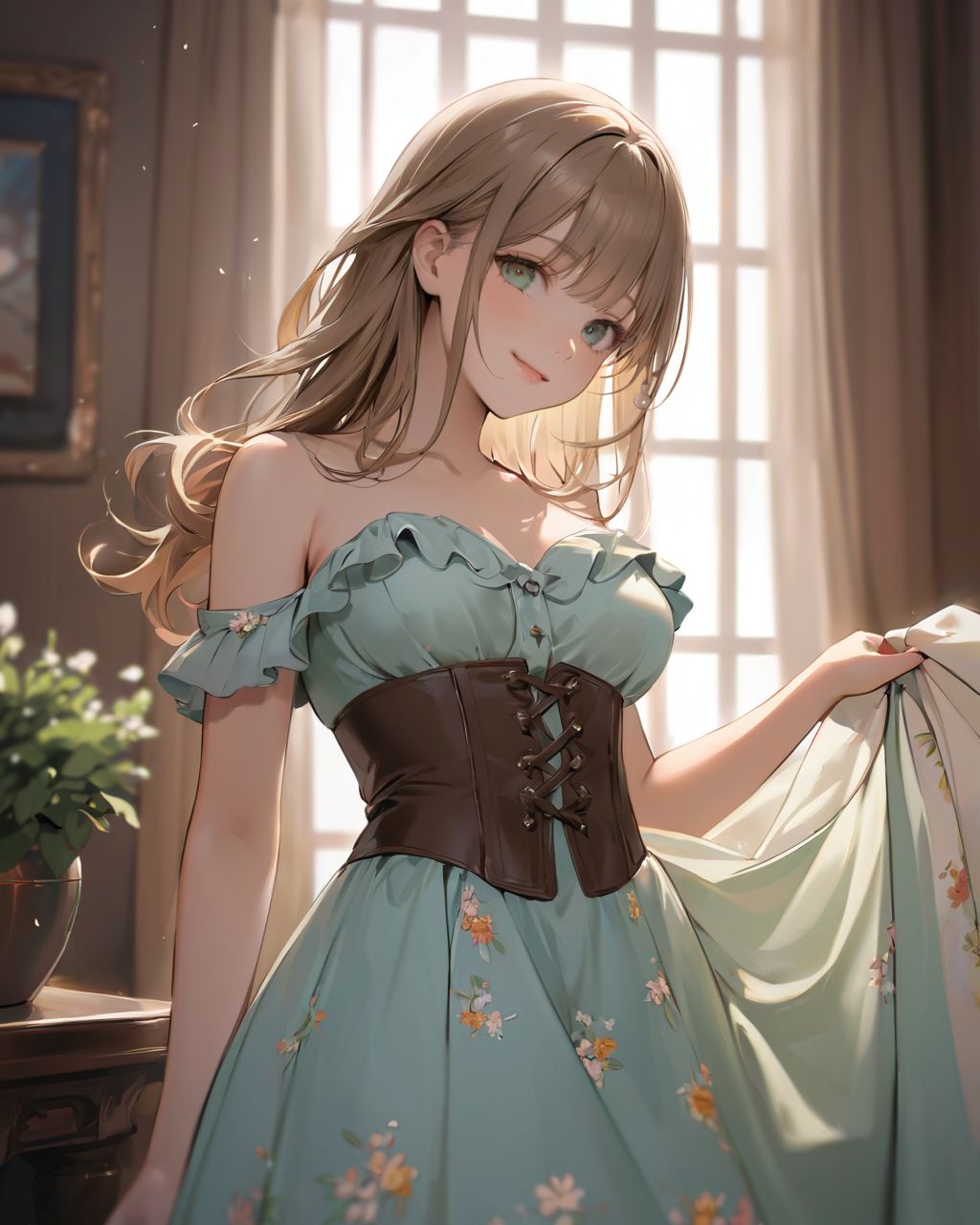 (A girl holding a curtain open by a large window and bathing in the morning sun: 1.9) , 
(The loose pyjamas softly complement the silhouette, and the slightly disheveled hair creates a natural look:1.8),

BLAKE

A youthful and elegant 16-year-old girl named Ellis, with a charming combination of innocence and refined allure. She has silver hair styled in a short, delicate cut that flows naturally, and radiant deep blue-green eyes full of purity and curiosity. Her soft smile and gentle expressions embody a sense of shyness and warmth. Ellis exudes an ideal mix of natural kawaii charm and elegance, perfect for a fantasy-inspired, fairy-tale world,large breasts,

joy,Winking,

She is always presented with a clear focus on her captivating facial features and delicate hair texture, emphasized by soft, natural lighting and a shallow depth of field,



Her wardrobe blends elements of Lolita fashion with elegant and girlish designs, featuring delicate lace, pastel colors, and subtle floral patterns that complement her ethereal presence,
(Paper Bag Brown lace-up corset belt with pearls,:1.4),
(baring outline:1.2),
Peach floral micro bikini with layered ruffles
The background often features bright, enchanting environments such as cozy, softly lit rooms or idyllic gardens, adding to the fantasy atmosphere,

summer

Every shot captures her beauty and individuality with professional-quality detail, highlighting her vivid colors, graceful poses, and serene demeanor,

High-resolution, ultra-detailed 4K visuals,
Shallow depth of field with a 50mm f/1.2 lens effect,
Soft natural light with a warm tone to enhance her youthful features,
A focus on lifelike textures in her clothing, hair, and environment,