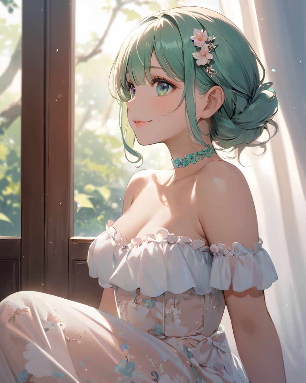 (A girl holding a curtain open by a large window and bathing in the morning sun: 1.9) , 
(The loose pyjamas softly complement the silhouette, and the slightly disheveled hair creates a natural look:1.8),

BLAKE

A youthful and elegant 16-year-old girl named Ellis, with a charming combination of innocence and refined allure. She has silver hair styled in a short, delicate cut that flows naturally, and radiant deep blue-green eyes full of purity and curiosity. Her soft smile and gentle expressions embody a sense of shyness and warmth. Ellis exudes an ideal mix of natural kawaii charm and elegance, perfect for a fantasy-inspired, fairy-tale world,large breasts,

joy,Crouching and bouncing up,

She is always presented with a clear focus on her captivating facial features and delicate hair texture, emphasized by soft, natural lighting and a shallow depth of field,



Her wardrobe blends elements of Lolita fashion with elegant and girlish designs, featuring delicate lace, pastel colors, and subtle floral patterns that complement her ethereal presence,
(Birch lace choker,:1.4),
(clothes down:1.2),
Sheer mesh swimsuit with floral bead accents and scalloped edges
The background often features bright, enchanting environments such as cozy, softly lit rooms or idyllic gardens, adding to the fantasy atmosphere,

swimming pool

Every shot captures her beauty and individuality with professional-quality detail, highlighting her vivid colors, graceful poses, and serene demeanor,

High-resolution, ultra-detailed 4K visuals,
Shallow depth of field with a 50mm f/1.2 lens effect,
Soft natural light with a warm tone to enhance her youthful features,
A focus on lifelike textures in her clothing, hair, and environment,