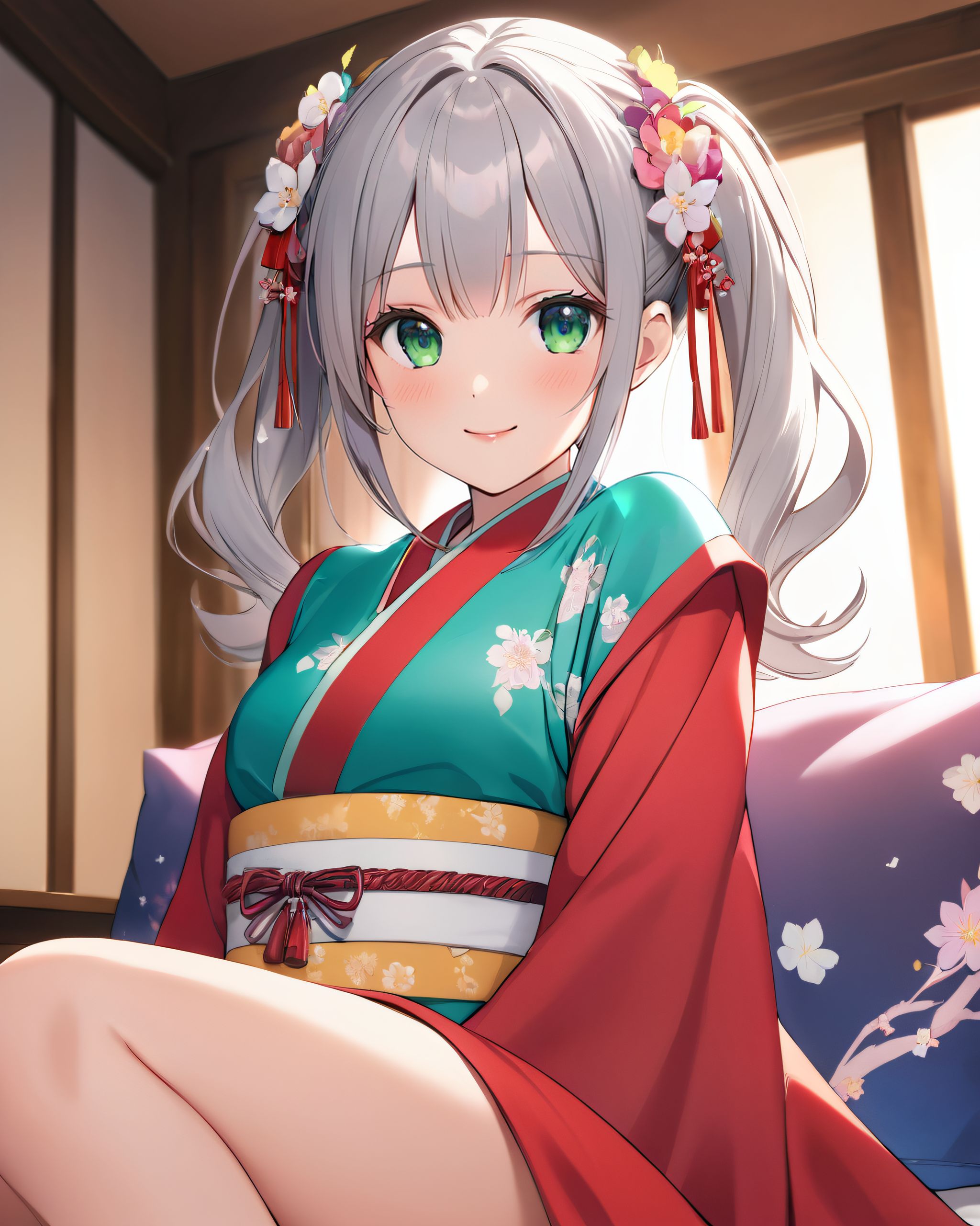 pigtails, one person, kimono, floral pattern, mouth open, smiling, hair ornament, gray eyes, New Year, white flowers, red kimono, :d, parted bangs, very long hair, holding, wide-sleeved, tassel decoration, snake, Japanese clothes, looking, red ribbon, ribbon, long-sleeved, BLAKE

A girl, (She is wearing her favourite costume:2.0), dynamic angle, slightly rounded breasts, happiness, depth of field, bed, girl's room, (crossed legs:1.1), girl trying on underwear, and her breasts on her erotic body.
The room in the background is decorated in soft, (girlish colors. The room has been enchanted:1.8199999999999998), and a gentle light illuminates the many items in the room.
The girl is wearing a confident smile.
The whole screen is a scene where fantasy elements and her erotic-kawaii charm fuse together.

BLAKE, (brightly illuminates the front of her face:1.7), (kawaii face:1.3), ngentle smile, shy demeanour, (Idol smile with a innocence:1.3), (I put on my favourite some costume and it was photo time! The photo shoot was in the warm living room:1.8), (with a glittering someone in the background. My theme was ?cute but also a little mature costume play?:1.8), happiness room, (The room in the background is decorated in soft:1.8199999999999998), (and a gentle light illuminates the many items in the room:1.8199999999999998), (The girl is wearing a confident smile:1.56), (The whole screen is a scene where fantasy elements and her erotic-kawaii charm fuse together:2.21), BLAKE, (I put on my favourite costume and it was photo time! The photo shoot was in the warm living room:1.8), (with a majical glittering in the background. My theme was ?cute but also a little mature loli girl?:1.8), (High-resolution:1.6), (detailed graphics capture every detail:1.6), (from individual strands of hair to the intricate fabrics of her costume:1.7), (with professional-grade clarity and contrast bringing vibrant colors to life:1.8), BLAKE

A charming 16-year-old girl, displaying an innocent and youthful expression, She has a gentle smile and soft blushing cheeks, with a shy personality and attitude, Her face is incredibly kawaii like an idol, with her mouth lightly closed, smiling with the corners of her mouth turned up, and full pouty lips, (Her dark deep green eyes complement her stylish short silver hair with a delicate flow:1.1), (adorned with a silver hairpiece:1.1), Soft, ambient lighting accentuates the outfit?s details, creating a harmonious blend of traditional fantasy with modern stylistic choices, embodying a timeless yet contemporary, She can be depicted in various poses and settings, making eye contact or looking away, embodying childlike wonder or graceful elegance, The low angle accentuates her kawaii nature, highlighting the delicate textures of her hair and clothing, with natural light casting soft shadows and accentuating the youthful contours of her face, She is brought into sharp focus with a shallow depth of field from a 50mm f/1.2 lens, providing beautiful depth-of-field blur with her face in focus, with professional-grade clarity and contrast bringing vibrant colors to life.