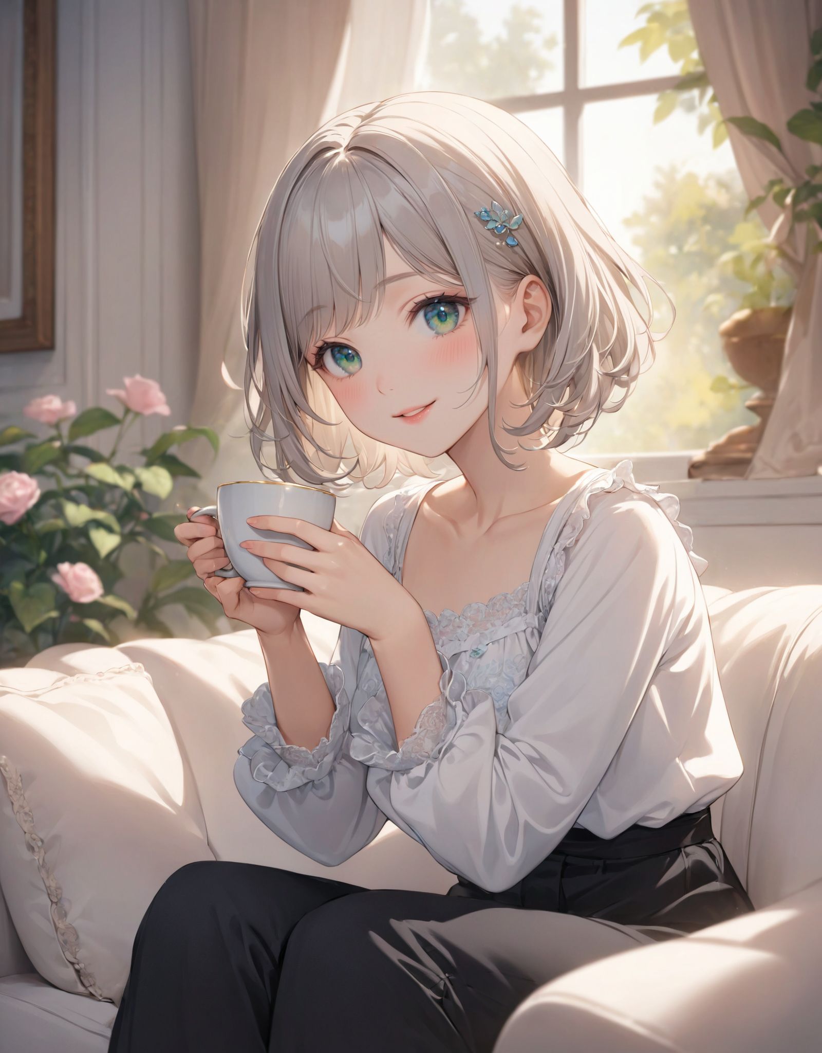 1girl, 

indoors, leaning forward, pink lips, long sleeves, window, brown hair, coffee mug, solo, mug, swept bangs, holding cup, on couch, black pants, shirt, couch, smile, small breasts, hairclip, short hair with long locks, holding, pant, brown eyes, :d, open mouth, cup, white shirt, sitting, steam, breasts, hair ornament, collarbone, looking at viewer, blush, sidelocks, coffee

A youthful and elegant 16-year-old girl named Ellis, with a charming combination of innocence and refined allure. She has silver hair styled in a short, delicate cut that flows naturally, and radiant deep blue-green eyes full of purity and curiosity. Her soft smile and gentle expressions embody a sense of shyness and warmth. Ellis exudes an ideal mix of natural kawaii charm and elegance, perfect for a fantasy-inspired, fairy-tale world.

She is always presented with a clear focus on her captivating facial features and delicate hair texture, emphasized by soft, natural lighting and a shallow depth of field. Her wardrobe blends elements of Lolita fashion with elegant and girlish designs, featuring delicate lace, pastel colors, and subtle floral patterns that complement her ethereal presence.

The background often features bright, enchanting environments such as cozy, softly lit rooms or idyllic gardens, adding to the fantasy atmosphere. Every shot captures her beauty and individuality with professional-quality detail, highlighting her vivid colors, graceful poses, and serene demeanor.