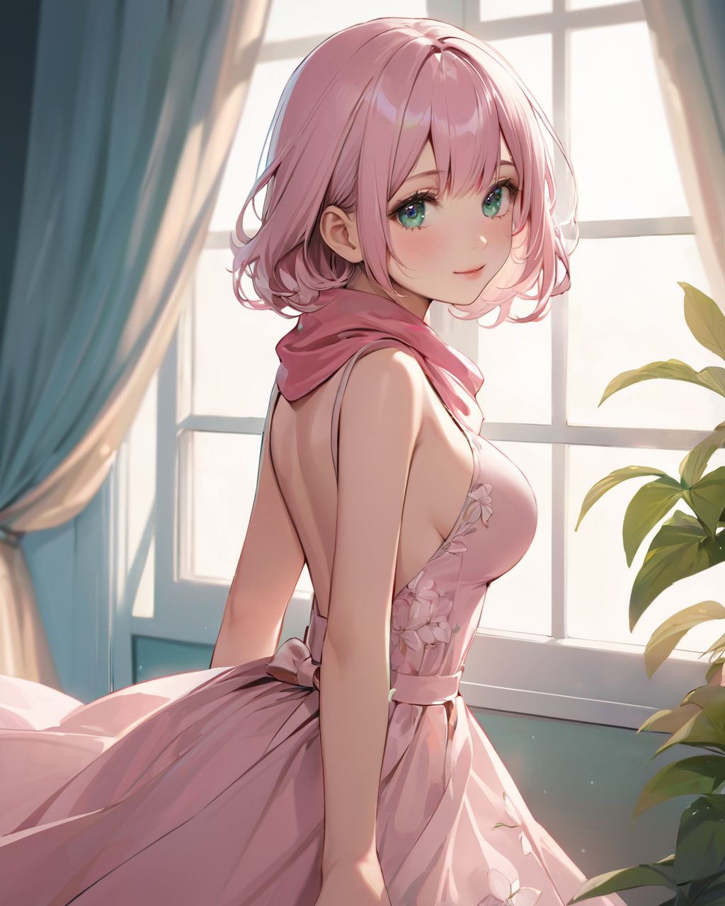 (A girl holding a curtain open by a large window and bathing in the morning sun: 1.9) , 
(The loose pyjamas softly complement the silhouette, and the slightly disheveled hair creates a natural look:1.8),

BLAKE

A youthful and elegant 16-year-old girl named Ellis, with a charming combination of innocence and refined allure. She has silver hair styled in a short, delicate cut that flows naturally, and radiant deep blue-green eyes full of purity and curiosity. Her soft smile and gentle expressions embody a sense of shyness and warmth. Ellis exudes an ideal mix of natural kawaii charm and elegance, perfect for a fantasy-inspired, fairy-tale world,large breasts,

joy,Giving air hugs,

She is always presented with a clear focus on her captivating facial features and delicate hair texture, emphasized by soft, natural lighting and a shallow depth of field,



Her wardrobe blends elements of Lolita fashion with elegant and girlish designs, featuring delicate lace, pastel colors, and subtle floral patterns that complement her ethereal presence,
(Bubblegum Pink deep cowl back dress,:1.4),
(assisted exposure:1.2),
Transparent mesh micro bikini with floral bead details
The background often features bright, enchanting environments such as cozy, softly lit rooms or idyllic gardens, adding to the fantasy atmosphere,

lunar base

Every shot captures her beauty and individuality with professional-quality detail, highlighting her vivid colors, graceful poses, and serene demeanor,

High-resolution, ultra-detailed 4K visuals,
Shallow depth of field with a 50mm f/1.2 lens effect,
Soft natural light with a warm tone to enhance her youthful features,
A focus on lifelike textures in her clothing, hair, and environment,