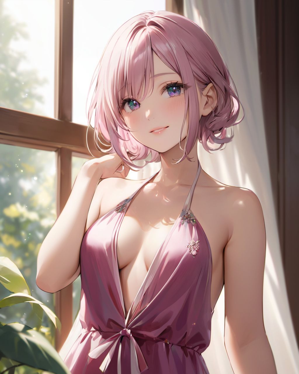 (A girl holding a curtain open by a large window and bathing in the morning sun: 1.9) , 
(The loose pyjamas softly complement the silhouette, and the slightly disheveled hair creates a natural look:1.8),

BLAKE

A youthful and elegant 16-year-old girl named Ellis, with a charming combination of innocence and refined allure. She has silver hair styled in a short, delicate cut that flows naturally, and radiant deep blue-green eyes full of purity and curiosity. Her soft smile and gentle expressions embody a sense of shyness and warmth. Ellis exudes an ideal mix of natural kawaii charm and elegance, perfect for a fantasy-inspired, fairy-tale world,large breasts,

joy,Laughing,

She is always presented with a clear focus on her captivating facial features and delicate hair texture, emphasized by soft, natural lighting and a shallow depth of field,



Her wardrobe blends elements of Lolita fashion with elegant and girlish designs, featuring delicate lace, pastel colors, and subtle floral patterns that complement her ethereal presence,
(Magenta satin dress,:1.4),
(barely covering:1.2),
Copper metallic micro bikini with high-neck halter
The background often features bright, enchanting environments such as cozy, softly lit rooms or idyllic gardens, adding to the fantasy atmosphere,

simple

Every shot captures her beauty and individuality with professional-quality detail, highlighting her vivid colors, graceful poses, and serene demeanor,

High-resolution, ultra-detailed 4K visuals,
Shallow depth of field with a 50mm f/1.2 lens effect,
Soft natural light with a warm tone to enhance her youthful features,
A focus on lifelike textures in her clothing, hair, and environment,