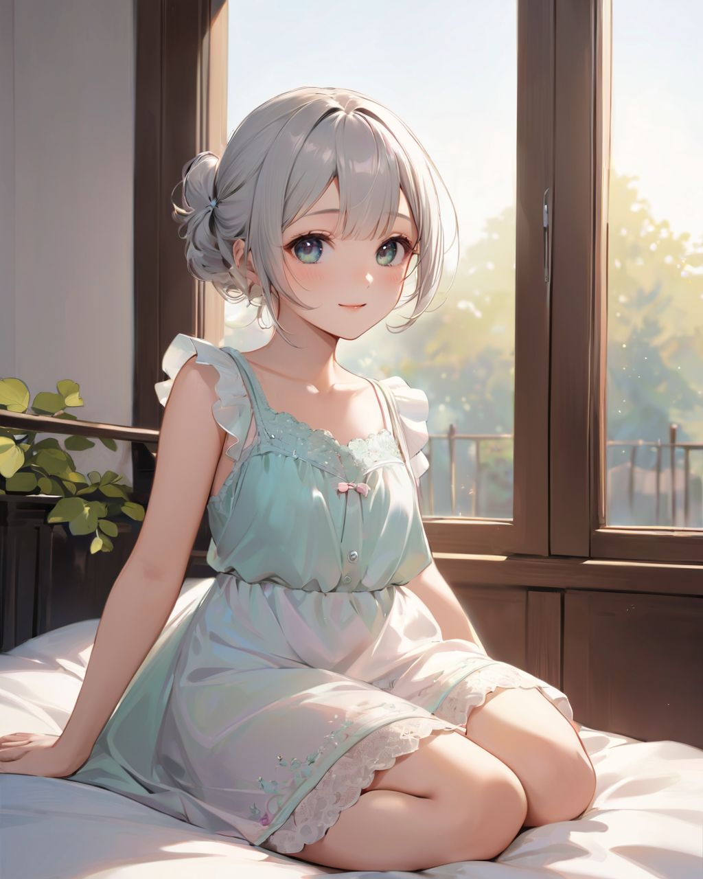 1 girl, by a large window (with the curtains open, soaking up the morning sun:1.5), 
basking in the morning sun. Her loose pyjamas softly complement her silhouette, and her slightly disheveled hair gives her a natural appearance. She looks directly at the viewer with an open mouth expression, as if she's about to speak or react to something. The room is filled with sunlight streaming through the window, casting a warm glow on her face. The overall atmosphere of the image suggests a moment of quiet introspection or anticipation.

BLAKE

A youthful and elegant 16-year-old girl named Ellis, with a charming combination of innocence and refined allure. She has silver hair styled in a short, delicate cut that flows naturally, and radiant deep blue-green eyes full of purity and curiosity. Her soft smile and gentle expressions embody a sense of shyness and warmth. Ellis exudes an ideal mix of natural kawaii charm and elegance, perfect for a fantasy-inspired, fairy-tale world,

joy,Spinning around

She is always presented with a clear focus on her captivating facial features and delicate hair texture, emphasized by soft, natural lighting and a shallow depth of field,

cowgirl position, open legs, on bed

Her wardrobe blends elements of Lolita fashion with elegant and girlish designs, featuring delicate lace, pastel colors, and subtle floral patterns that complement her ethereal presence,

clothing pull

The background often features bright, enchanting environments such as cozy, softly lit rooms or idyllic gardens, adding to the fantasy atmosphere,

vatican city

Every shot captures her beauty and individuality with professional-quality detail, highlighting her vivid colors, graceful poses, and serene demeanor,

High-resolution, ultra-detailed 4K visuals,
Shallow depth of field with a 50mm f/1.2 lens effect,
Soft natural light with a warm tone to enhance her youthful features,
A focus on lifelike textures in her clothing, hair, and environment,