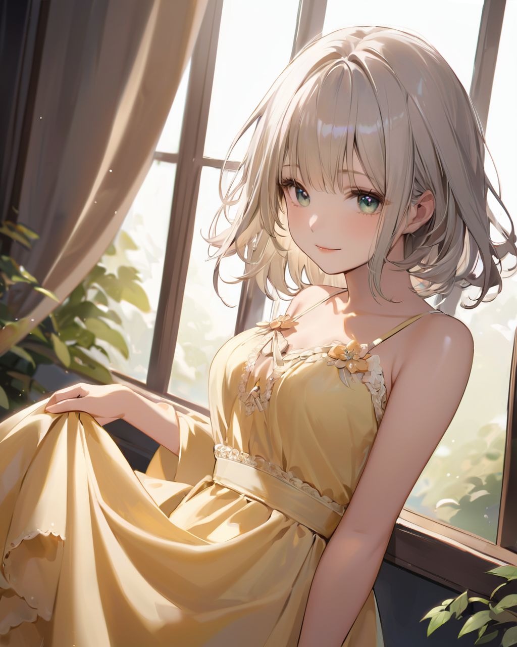 (A girl holding a curtain open by a large window and bathing in the morning sun: 1.9) , 
(The loose pyjamas softly complement the silhouette, and the slightly disheveled hair creates a natural look:1.8),

BLAKE

A youthful and elegant 16-year-old girl named Ellis, with a charming combination of innocence and refined allure. She has silver hair styled in a short, delicate cut that flows naturally, and radiant deep blue-green eyes full of purity and curiosity. Her soft smile and gentle expressions embody a sense of shyness and warmth. Ellis exudes an ideal mix of natural kawaii charm and elegance, perfect for a fantasy-inspired, fairy-tale world,large breasts,

joy,Clapping wholeheartedly,

She is always presented with a clear focus on her captivating facial features and delicate hair texture, emphasized by soft, natural lighting and a shallow depth of field,



Her wardrobe blends elements of Lolita fashion with elegant and girlish designs, featuring delicate lace, pastel colors, and subtle floral patterns that complement her ethereal presence,
(Fun Yellow satin dress,:1.4),
(halfway removed:1.2),
Sheer floral swimsuit with scalloped edges and bow details
The background often features bright, enchanting environments such as cozy, softly lit rooms or idyllic gardens, adding to the fantasy atmosphere,

dungeon

Every shot captures her beauty and individuality with professional-quality detail, highlighting her vivid colors, graceful poses, and serene demeanor,

High-resolution, ultra-detailed 4K visuals,
Shallow depth of field with a 50mm f/1.2 lens effect,
Soft natural light with a warm tone to enhance her youthful features,
A focus on lifelike textures in her clothing, hair, and environment,