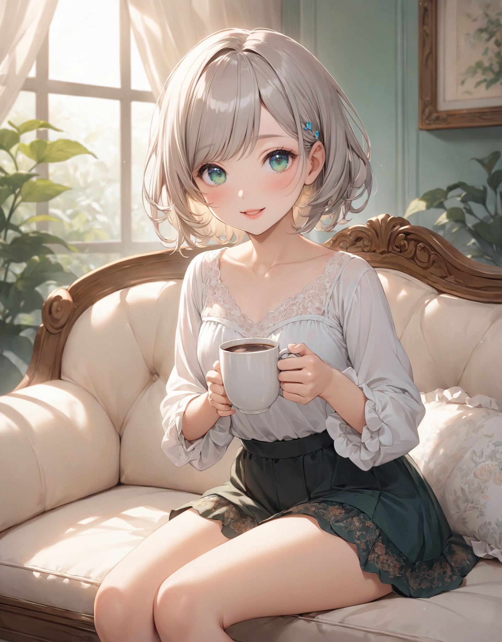 1girl, 

indoors, leaning forward, pink lips, long sleeves, window, brown hair, coffee mug, solo, mug, swept bangs, holding cup, on couch, black pants, shirt, couch, smile, small breasts, hairclip, short hair with long locks, holding, pant, brown eyes, :d, open mouth, cup, white shirt, sitting, steam, breasts, hair ornament, collarbone, looking at viewer, blush, sidelocks, coffee

A youthful and elegant 16-year-old girl named Ellis, with a charming combination of innocence and refined allure. She has silver hair styled in a short, delicate cut that flows naturally, and radiant deep blue-green eyes full of purity and curiosity. Her soft smile and gentle expressions embody a sense of shyness and warmth. Ellis exudes an ideal mix of natural kawaii charm and elegance, perfect for a fantasy-inspired, fairy-tale world.

She is always presented with a clear focus on her captivating facial features and delicate hair texture, emphasized by soft, natural lighting and a shallow depth of field. Her wardrobe blends elements of Lolita fashion with elegant and girlish designs, featuring delicate lace, pastel colors, and subtle floral patterns that complement her ethereal presence.

The background often features bright, enchanting environments such as cozy, softly lit rooms or idyllic gardens, adding to the fantasy atmosphere. Every shot captures her beauty and individuality with professional-quality detail, highlighting her vivid colors, graceful poses, and serene demeanor.