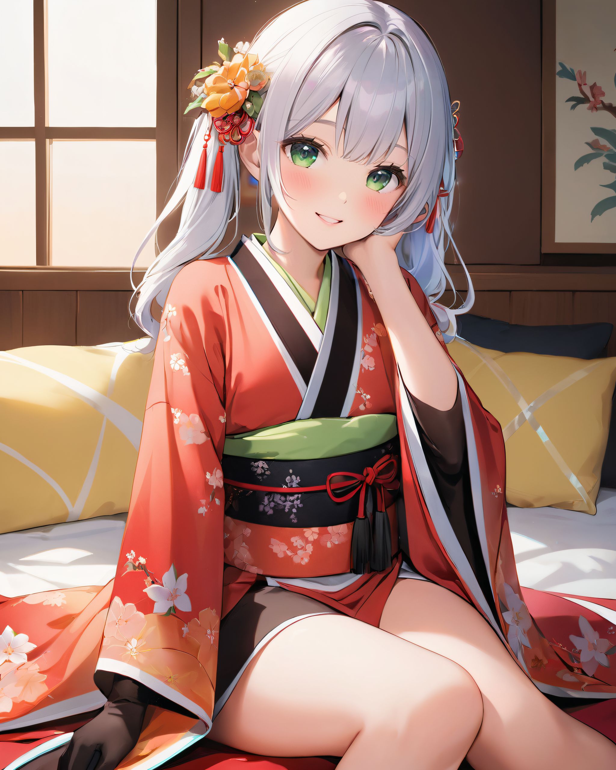 pigtails, one person, kimono, floral pattern, mouth open, smiling, hair ornament, gray eyes, New Year, white flowers, red kimono, :d, parted bangs, very long hair, holding, wide-sleeved, tassel decoration, snake, Japanese clothes, looking, red ribbon, ribbon, long-sleeved, large breasts, BLAKE

A girl, (She is wearing her favourite costume:2.0), dynamic angle, slightly rounded breasts, happiness, depth of field, bed, girl's room, (crossed legs:1.1), girl trying on underwear, and her breasts on her erotic body.
The room in the background is decorated in soft, (girlish colors. The room has been enchanted:1.8199999999999998), and a gentle light illuminates the many items in the room.
The girl is wearing a confident smile.
The whole screen is a scene where fantasy elements and her erotic-kawaii charm fuse together.

BLAKE, (brightly illuminates the front of her face:1.7), (kawaii face:1.3), ngentle smile, shy demeanour, (Idol smile with a innocence:1.3), (I put on my favourite some costume and it was photo time! The photo shoot was in the warm living room:1.8), (with a glittering someone in the background. My theme was ?cute but also a little mature costume play?:1.8), happiness room, (The room in the background is decorated in soft:1.8199999999999998), (and a gentle light illuminates the many items in the room:1.8199999999999998), (The girl is wearing a confident smile:1.56), (The whole screen is a scene where fantasy elements and her erotic-kawaii charm fuse together:2.21), BLAKE, (I put on my favourite costume and it was photo time! The photo shoot was in the warm living room:1.8), (with a majical glittering in the background. My theme was ?cute but also a little mature loli girl?:1.8), (High-resolution:1.6), (detailed graphics capture every detail:1.6), (from individual strands of hair to the intricate fabrics of her costume:1.7), (with professional-grade clarity and contrast bringing vibrant colors to life:1.8), BLAKE

A charming 16-year-old girl, displaying an innocent and youthful expression, She has a gentle smile and soft blushing cheeks, with a shy personality and attitude, Her face is incredibly kawaii like an idol, with her mouth lightly closed, smiling with the corners of her mouth turned up, and full pouty lips, (Her dark deep green eyes complement her stylish short silver hair with a delicate flow:1.1), (adorned with a silver hairpiece:1.1), Soft, ambient lighting accentuates the outfit?s details, creating a harmonious blend of traditional fantasy with modern stylistic choices, embodying a timeless yet contemporary, She can be depicted in various poses and settings, making eye contact or looking away, embodying childlike wonder or graceful elegance, The low angle accentuates her kawaii nature, highlighting the delicate textures of her hair and clothing, with natural light casting soft shadows and accentuating the youthful contours of her face, She is brought into sharp focus with a shallow depth of field from a 50mm f/1.2 lens, providing beautiful depth-of-field blur with her face in focus, with professional-grade clarity and contrast bringing vibrant colors to life. The overall effect is an enchanting and whimsical portrait that captures both innocence and charm in a visually engaging manner.