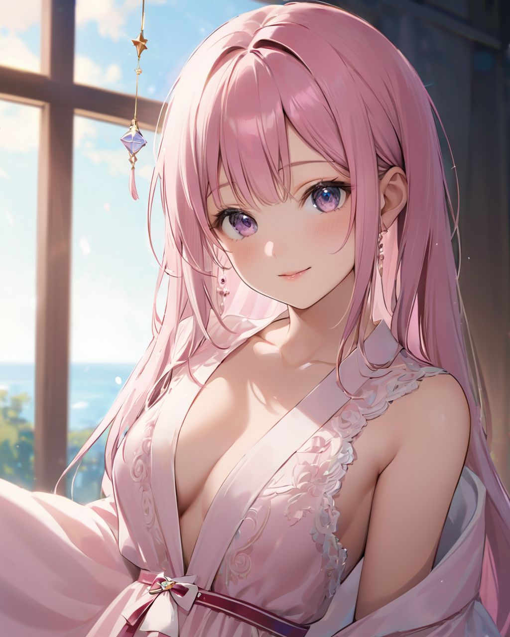 (A girl holding a curtain open by a large window and bathing in the morning sun: 1.9) , 
(The loose pyjamas softly complement the silhouette, and the slightly disheveled hair creates a natural look:1.8),

BLAKE

A youthful and elegant 16-year-old girl named Ellis, with a charming combination of innocence and refined allure. She has silver hair styled in a short, delicate cut that flows naturally, and radiant deep blue-green eyes full of purity and curiosity. Her soft smile and gentle expressions embody a sense of shyness and warmth. Ellis exudes an ideal mix of natural kawaii charm and elegance, perfect for a fantasy-inspired, fairy-tale world,large breasts,

joy,Looking delighted,

She is always presented with a clear focus on her captivating facial features and delicate hair texture, emphasized by soft, natural lighting and a shallow depth of field,



Her wardrobe blends elements of Lolita fashion with elegant and girlish designs, featuring delicate lace, pastel colors, and subtle floral patterns that complement her ethereal presence,
(Magenta see-through kimono,:1.4),
(bare outline visible:1.2),
Soft peach satin micro bikini with crystal embellishments
The background often features bright, enchanting environments such as cozy, softly lit rooms or idyllic gardens, adding to the fantasy atmosphere,

night sky

Every shot captures her beauty and individuality with professional-quality detail, highlighting her vivid colors, graceful poses, and serene demeanor,

High-resolution, ultra-detailed 4K visuals,
Shallow depth of field with a 50mm f/1.2 lens effect,
Soft natural light with a warm tone to enhance her youthful features,
A focus on lifelike textures in her clothing, hair, and environment,