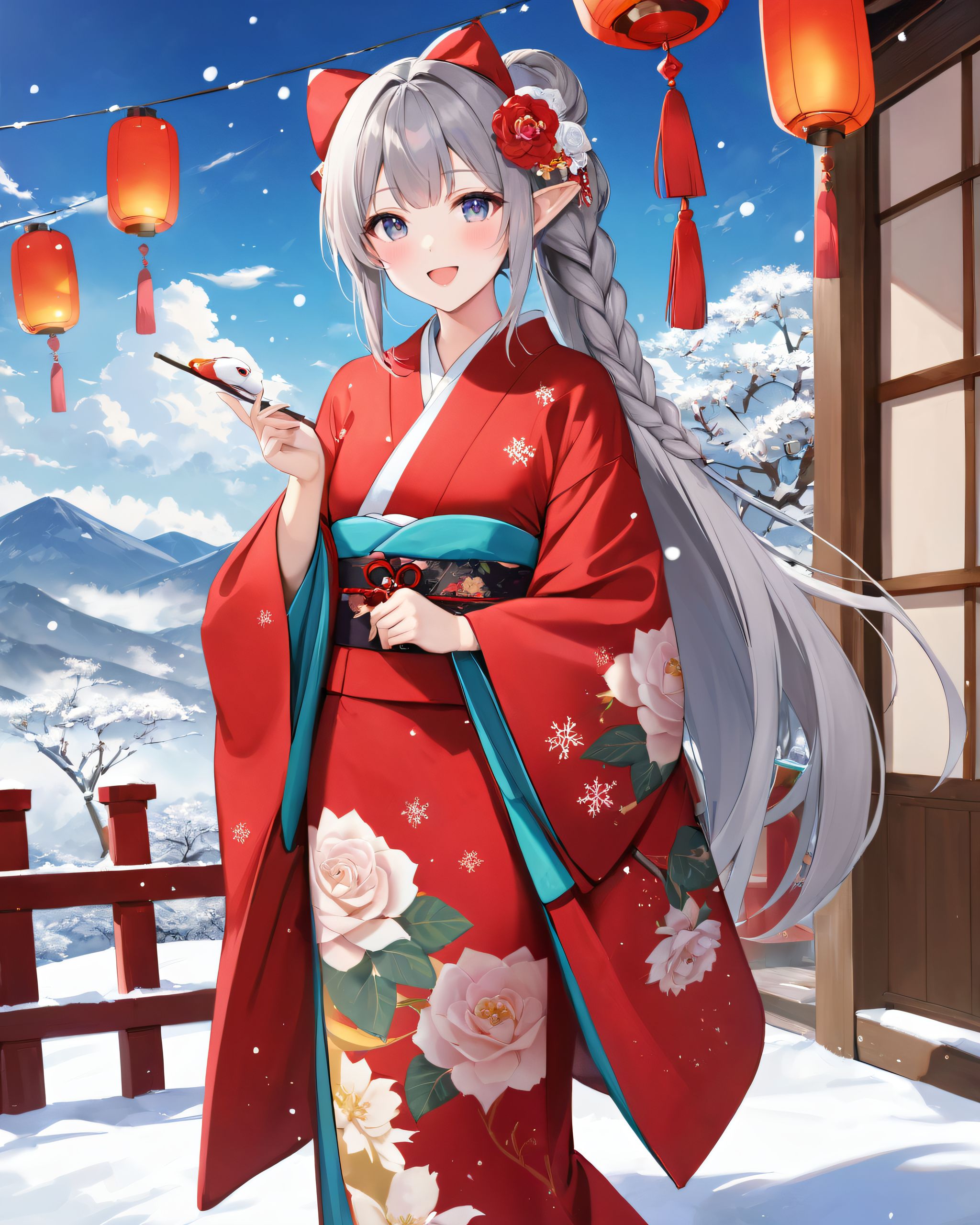 twin braids, solo, print kimono, floral print, open mouth, tree, smile, snowing, hair ornament, grey eyes, new year, white flower, cloudy sky, red kimono, :d, lantern, parted bangs, paper lantern, long hair, very long hair, rose, pointy ears, flower, standing, snowflakes, sky, outdoors, mountainous horizon, holding, wide sleeves, tassel, snake, kimono, blue sky, japanese clothes, white rose, headpiece, day, looking at viewer, hair flower, blush, braid, grey hair, red bow, bow, cloud, long sleeve