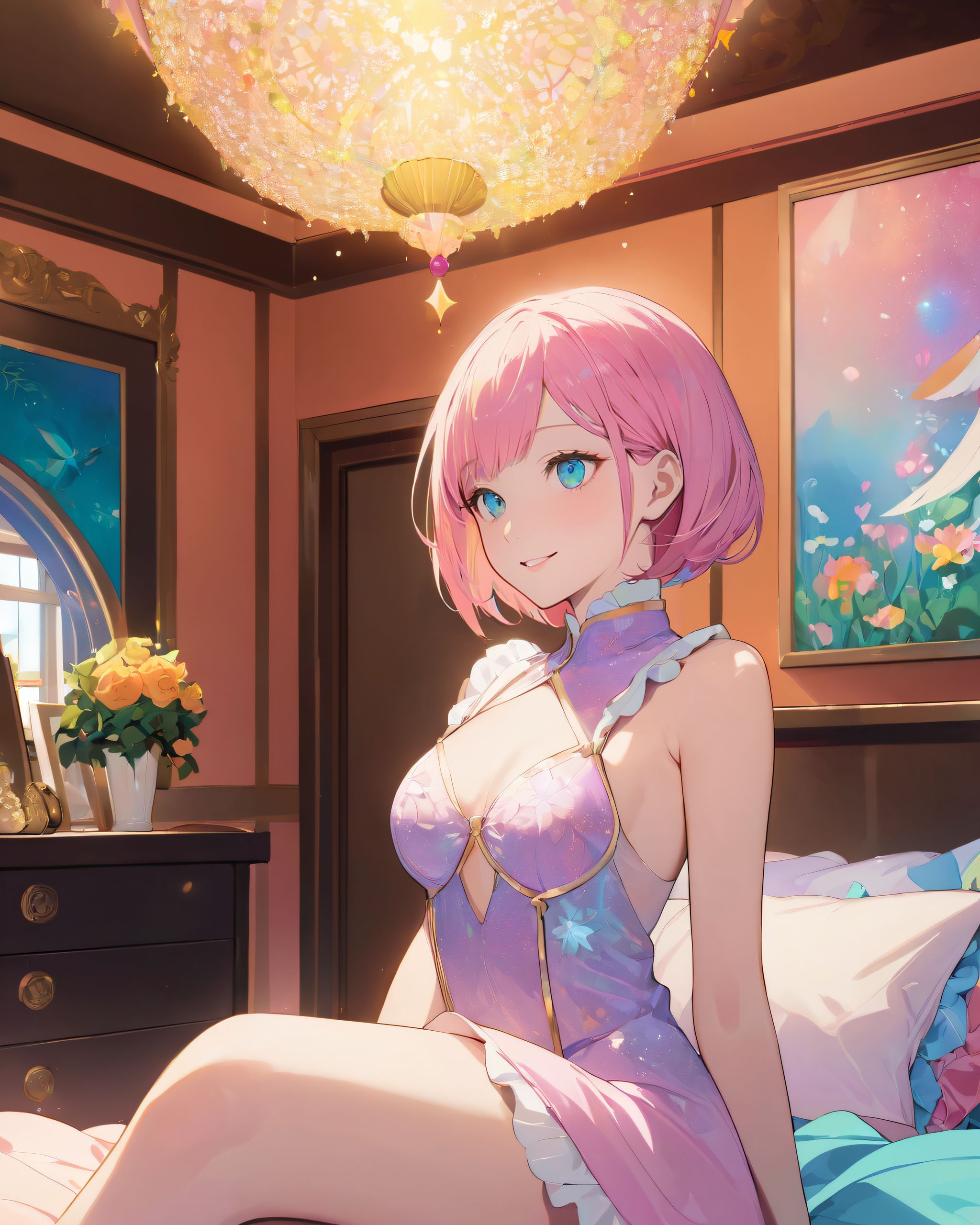 A girl, (She is wearing her favourite costume:2.0), dynamic angle, slightly rounded breasts, happiness, depth of field, bed, girl's room, (crossed legs:1.1), girl trying on underwear, and her breasts on her erotic body.
The room in the background is decorated in soft, (girlish colors. The room has been enchanted:1.8199999999999998), characteristic of the "Houseki no Kuni" series., and a gentle light illuminates the many items in the room.
The girl is wearing a confident smile.
The whole screen is a scene where fantasy elements and her erotic-kawaii charm fuse together.

BLAKE's attention to detail has been given a beautiful, realistic style that brings out the delicate features of the characters and their surroundings. The overall atmosphere of the room suggests a blend of playfulness and adventure, the image beautifully encapsulates the essence of the "Houseki no Kuni" series with its vibrant colors, and lively atmosphere., intricate designs, capturing a moment of joy and discovery in the world of "Houseki no Kuni. ".
overall, the image is a snapshot of a lively and engaging scene from the "Houseki no Kuni" series, showcasing the artist's skill in creating visually appealing and detailed illustrations.