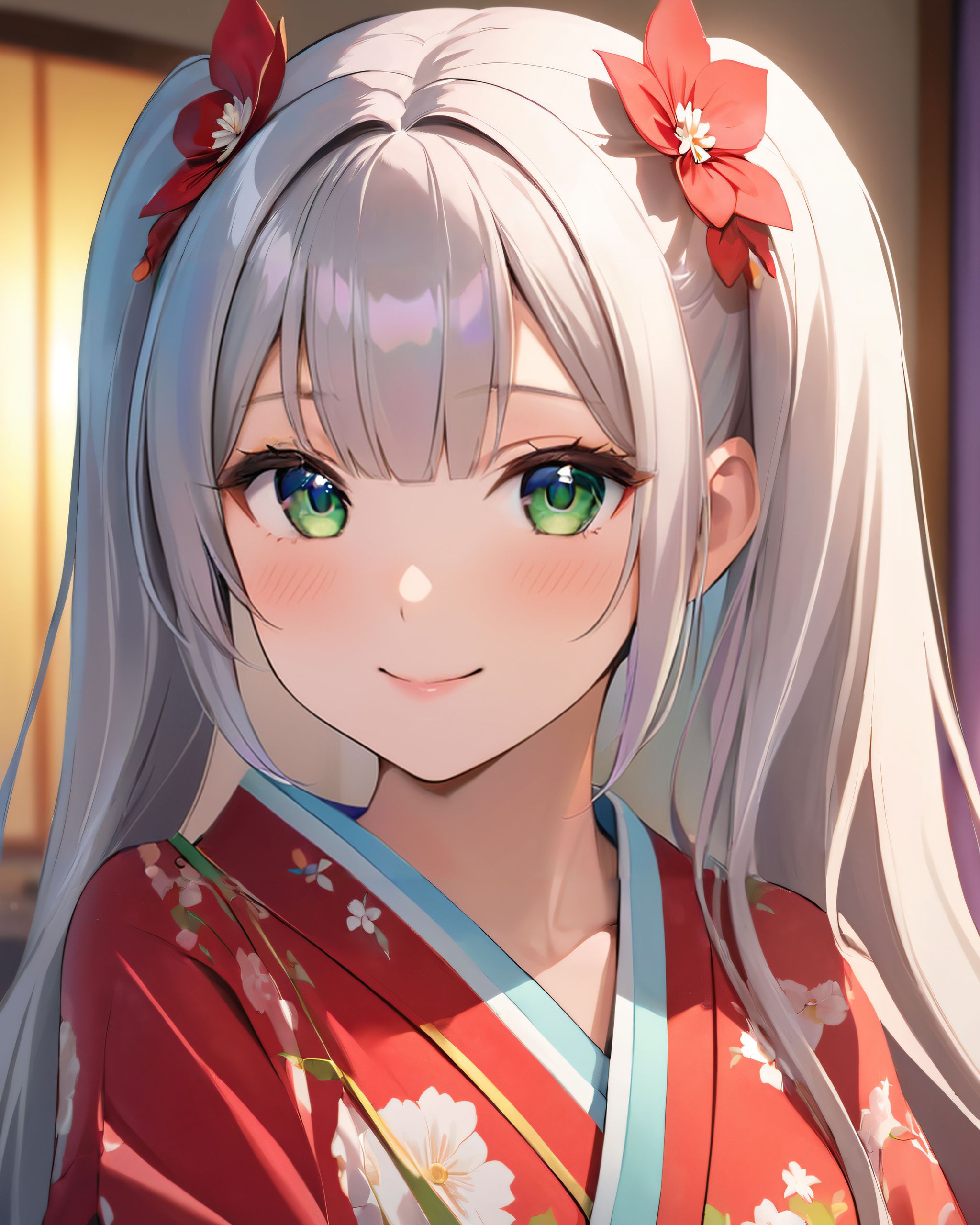 pigtails, one person, kimono, floral pattern, mouth open, smiling, hair ornament, gray eyes, New Year, white flowers, red kimono, :d, parted bangs, very long hair, holding, wide-sleeved, tassel decoration, snake, Japanese clothes, looking, red ribbon, ribbon, long-sleeved, (large breasts:1.3), BLAKE

A girl, (She is wearing her favourite costume:2.0), dynamic angle, slightly rounded breasts, happiness, depth of field, bed, girl's room, (crossed legs:1.1), girl trying on underwear, and her breasts on her erotic body.
The room in the background is decorated in soft, (girlish colors. The room has been enchanted:1.8199999999999998), and a gentle light illuminates the many items in the room.
The girl is wearing a confident smile.
The whole screen is a scene where fantasy elements and her erotic-kawaii charm fuse together.

BLAKE, (brightly illuminates the front of her face:1.7), (kawaii face:1.3), ngentle smile, shy demeanour, (Idol smile with a innocence:1.3), (I put on my favourite some costume and it was photo time! The photo shoot was in the warm living room:1.8), (with a glittering someone in the background. My theme was ?cute but also a little mature costume play?:1.8), happiness room, (The room in the background is decorated in soft:1.8199999999999998), (and a gentle light illuminates the many items in the room:1.8199999999999998), (The girl is wearing a confident smile:1.56), (The whole screen is a scene where fantasy elements and her erotic-kawaii charm fuse together:2.21), BLAKE, (I put on my favourite costume and it was photo time! The photo shoot was in the warm living room:1.8), (with a majical glittering in the background. My theme was ?cute but also a little mature loli girl?:1.8), (High-resolution:1.6), (detailed graphics capture every detail:1.6), (from individual strands of hair to the intricate fabrics of her costume:1.7), (with professional-grade clarity and contrast bringing vibrant colors to life:1.8), BLAKE

A charming 16-year-old girl, displaying an innocent and youthful expression, She has a gentle smile and soft blushing cheeks, with a shy personality and attitude, Her face is incredibly kawaii like an idol, with her mouth lightly closed, smiling with the corners of her mouth turned up, and full pouty lips, (Her dark deep green eyes complement her stylish short silver hair with a delicate flow:1.1), (adorned with a silver hairpiece:1.1), Soft, ambient lighting accentuates the outfit?s details, creating a harmonious blend of traditional fantasy with modern stylistic choices, embodying a timeless yet contemporary, She can be depicted in various poses and settings, making eye contact or looking away, embodying childlike wonder or graceful elegance, The low angle accentuates her kawaii nature, highlighting the delicate textures of her hair and clothing, with natural light casting soft shadows and accentuating the youthful contours of her face, She is brought into sharp focus with a shallow depth of field from a 50mm f/1.2 lens, providing beautiful depth-of-field blur with her face in focus, with professional-grade clarity and contrast bringing vibrant colors to life.