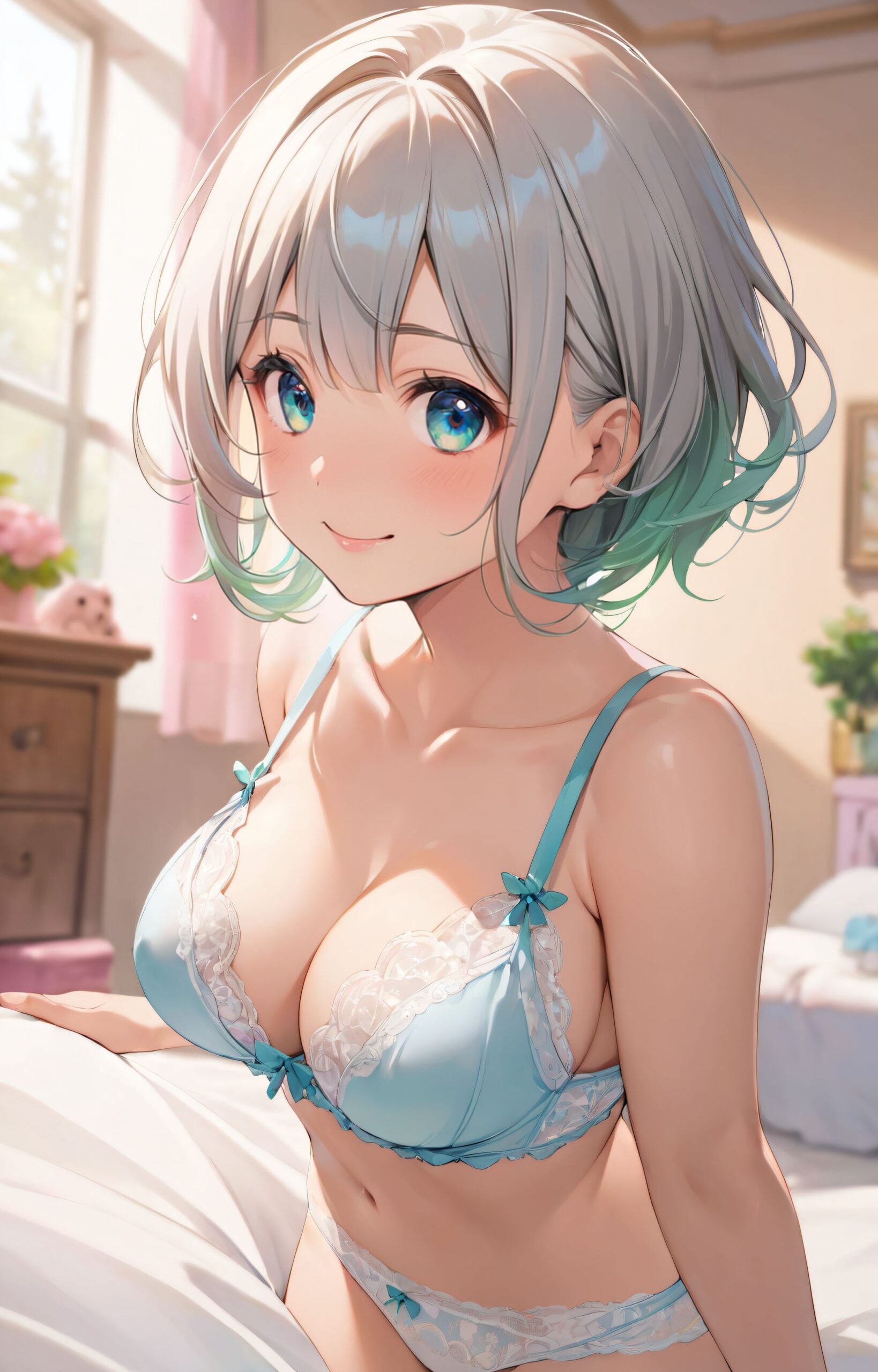 (A girl with her breasts completely exposed:1.4),
(girl trying on underwear:1.7), and her breasts are exposed on her erotic body.
The room in the background is decorated in soft, girlish colors. The room has been enchanted, and a gentle light illuminates the many items in the room.
well-defined breasts, a sense of happiness, depth of field, bed, girl's room,
The girl is wearing a confident smile,
(A seductive pose:1.3),
The whole screen is a scene where fantasy elements and her erotic-kawaii charm fuse together.
(dynamic angle:1.5),
well-rounded breasts, happiness, depth of field, bed, girl's room,
BLAKE
A 16-year-old fairy girl with an innocent and pure charm,
her innocent expression, gentle smile, shyness,
shy idol-like smile,
dark, deep blue-green eyes that radiate a pure brilliance,
silver hair, stylish short haircut, delicate hair flow,
a look into the camera, a look that meets the eye, embodying the wonder of a child,
close-up shots,
soft, natural poses, youthful and elegant shots,
a mischievous look, an ideal fusion of innocence and charm,
embodying the popular kawaii girl,
elements of Lolita fashion, fresh and pure poses, exuding natural charm,
emphasizing her cuteness from a low angle and bringing out the delicate texture of her hair and clothes.
Soft natural light casts a soft shadow, bringing out the contours of her youthful face.
making her stand out clearly.
The shallow depth of field of the 50mm f/1.2 lens creates beautiful depth of field blur with her face in focus.
High resolution, detailed graphics,
vibrant colors, professional quality,
ultra-high resolution, every detail is reproduced clearly, from the individual strands of hair to the intricate weave of the costume.
The vivid contrast of the professional-quality image brings the vivid colors to life.
(EasyNegativeV2: -1.5), (Worst Quality, Low Quality: -1.2),
(Mole: -1.1), (Skin Spot: -1.2), (Freckle: -1.3)
(Poor Hand: -5: -1.2), (Negative Hand: -1.1),