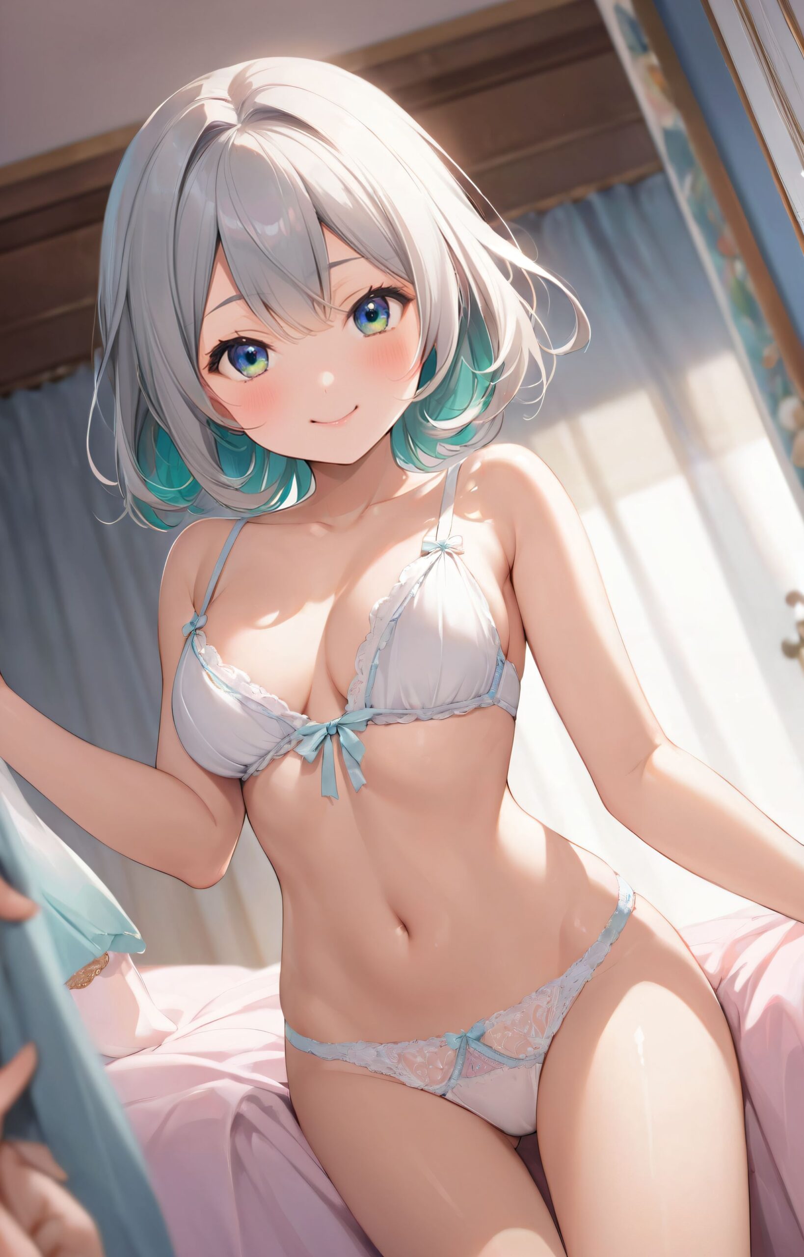 (A girl with her breasts completely exposed:1.4),
(girl trying on underwear:1.7), and her breasts are exposed on her erotic body.
The room in the background is decorated in soft, girlish colors. The room has been enchanted, and a gentle light illuminates the many items in the room.
well-defined breasts, a sense of happiness, depth of field, bed, girl's room,
The girl is wearing a confident smile,
(A seductive pose:1.3),
The whole screen is a scene where fantasy elements and her erotic-kawaii charm fuse together.
(dynamic angle:1.5),
well-rounded breasts, happiness, depth of field, bed, girl's room,
BLAKE
A 16-year-old fairy girl with an innocent and pure charm,
her innocent expression, gentle smile, shyness,
shy idol-like smile,
dark, deep blue-green eyes that radiate a pure brilliance,
silver hair, stylish short haircut, delicate hair flow,
a look into the camera, a look that meets the eye, embodying the wonder of a child,
close-up shots,
soft, natural poses, youthful and elegant shots,
a mischievous look, an ideal fusion of innocence and charm,
embodying the popular kawaii girl,
elements of Lolita fashion, fresh and pure poses, exuding natural charm,
emphasizing her cuteness from a low angle and bringing out the delicate texture of her hair and clothes.
Soft natural light casts a soft shadow, bringing out the contours of her youthful face.
making her stand out clearly.
The shallow depth of field of the 50mm f/1.2 lens creates beautiful depth of field blur with her face in focus.
High resolution, detailed graphics,
vibrant colors, professional quality,
ultra-high resolution, every detail is reproduced clearly, from the individual strands of hair to the intricate weave of the costume.
The vivid contrast of the professional-quality image brings the vivid colors to life.
(EasyNegativeV2: -1.5), (Worst Quality, Low Quality: -1.2),
(Mole: -1.1), (Skin Spot: -1.2), (Freckle: -1.3)
(Poor Hand: -5: -1.2), (Negative Hand: -1.1),